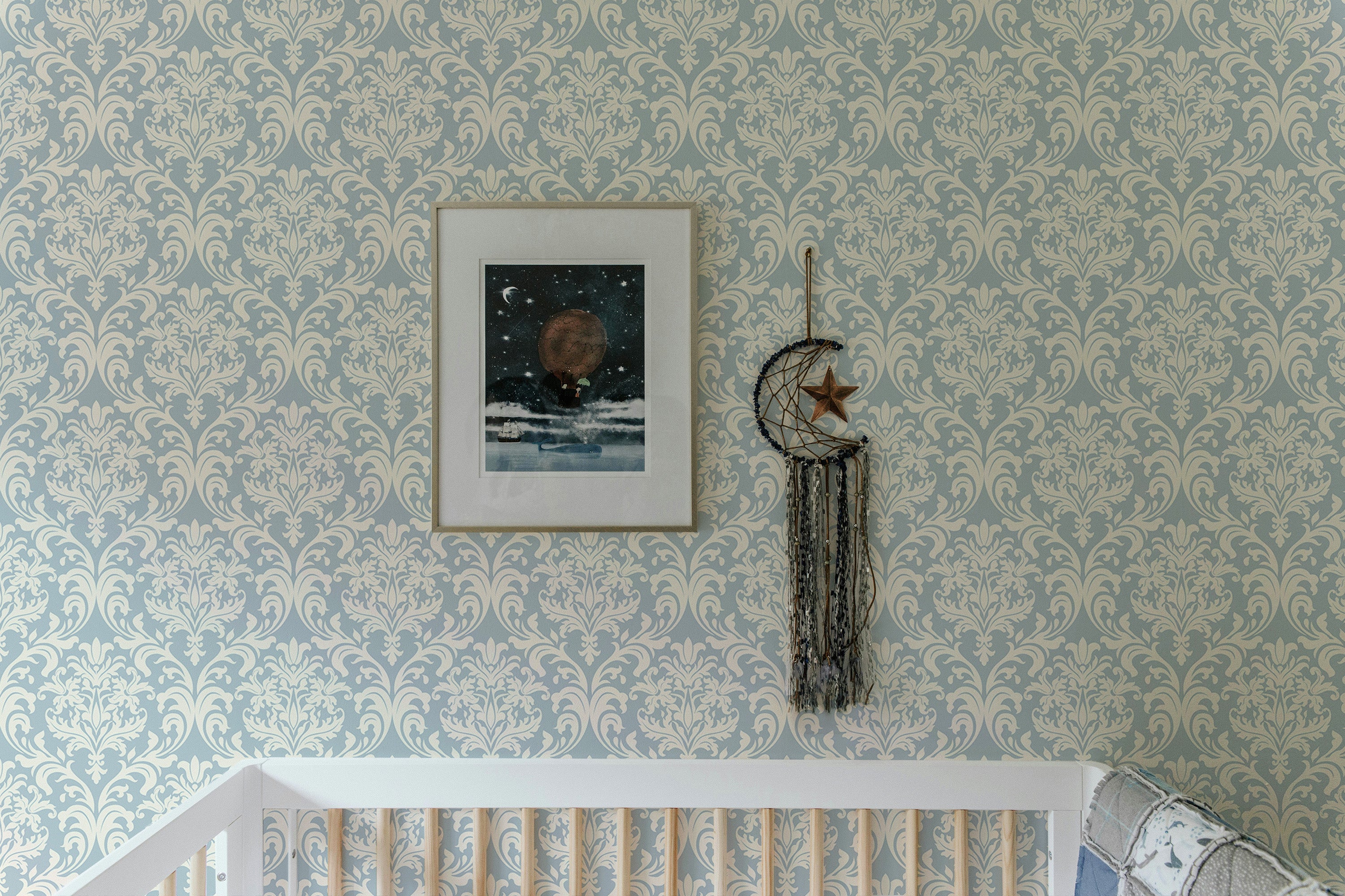 Victorian-style wallpaper in blue and beige tones