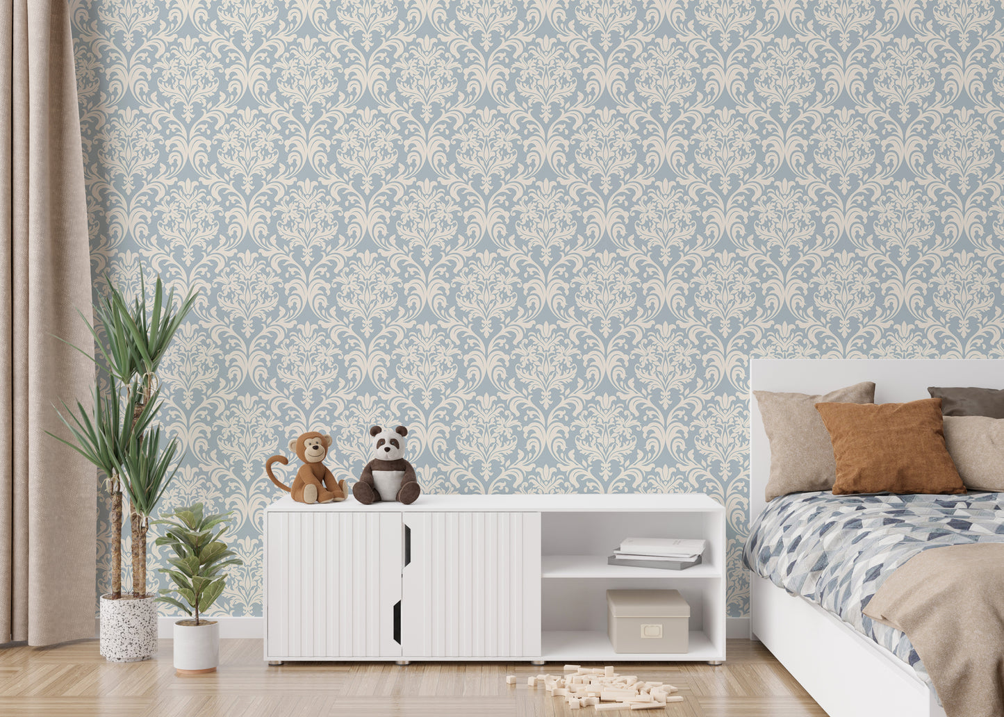 Blue and Beige Seamless Pattern Victorian Wallpaper