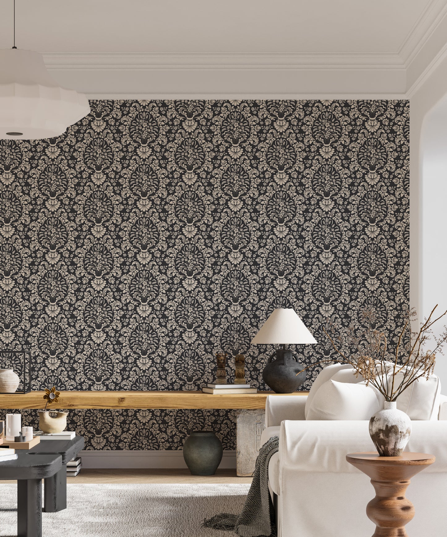 Old-style luxury wallpaper featuring damask motifs