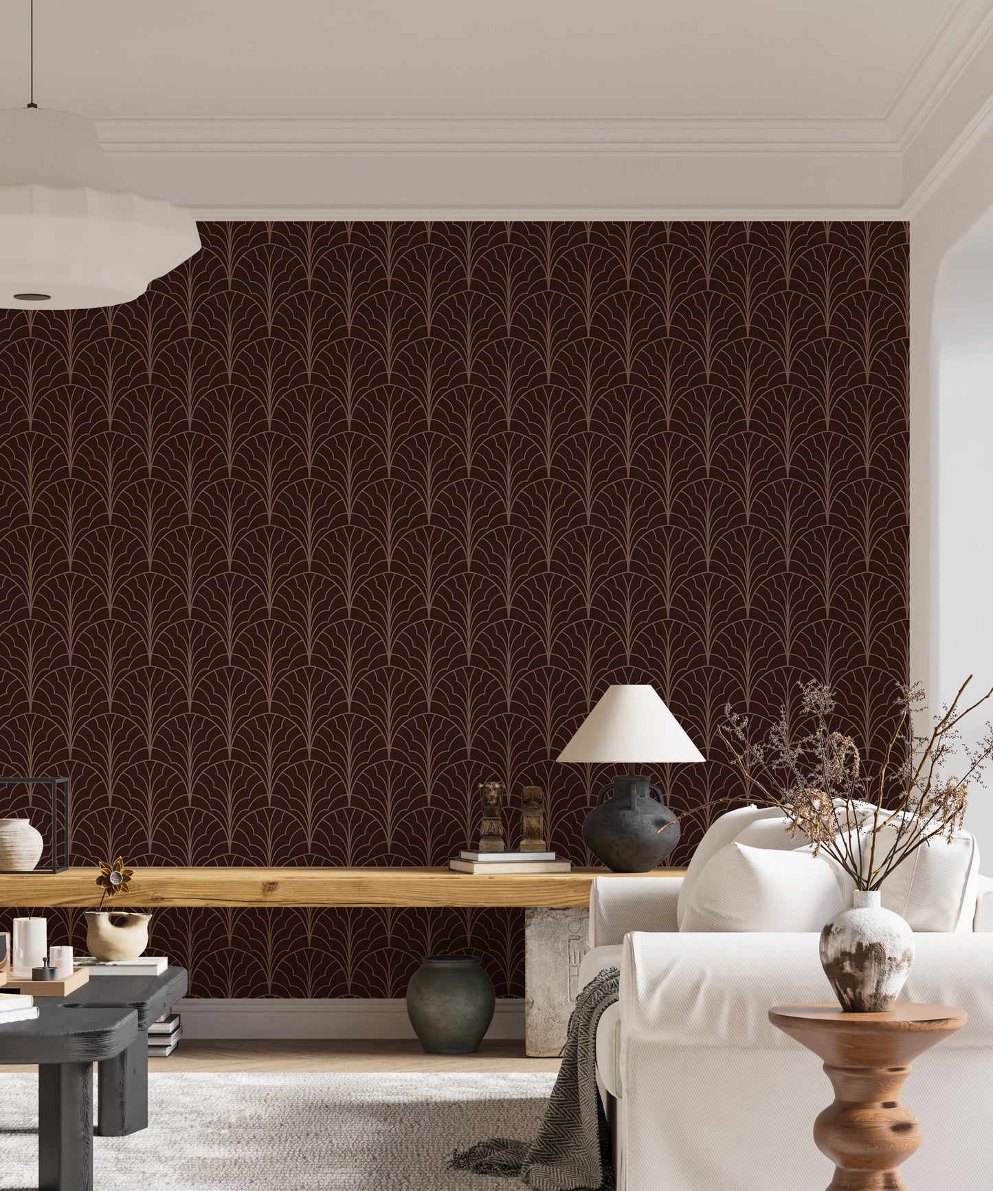 Contemporary art deco wallpaper with red accents