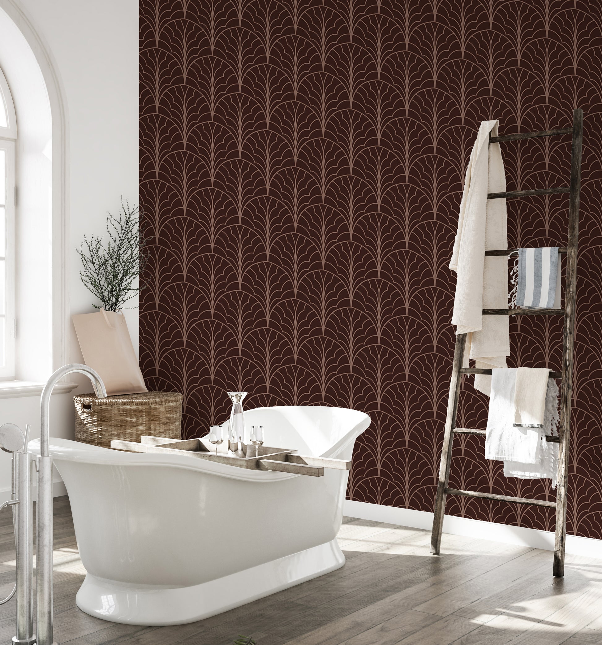 Stylish red wine color wallpaper with deco patterns