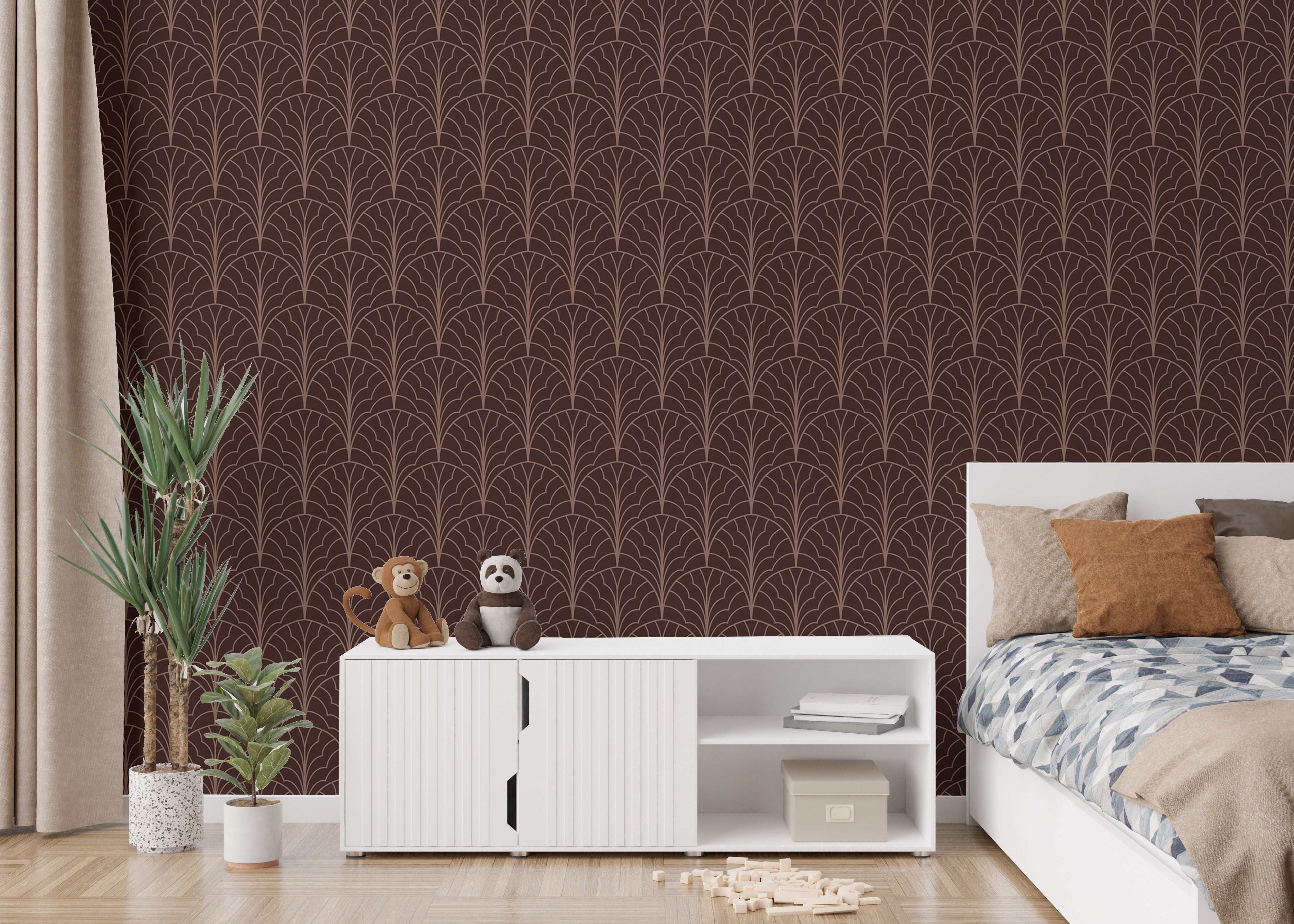 Luxurious art deco wallpaper in bold red wine tone