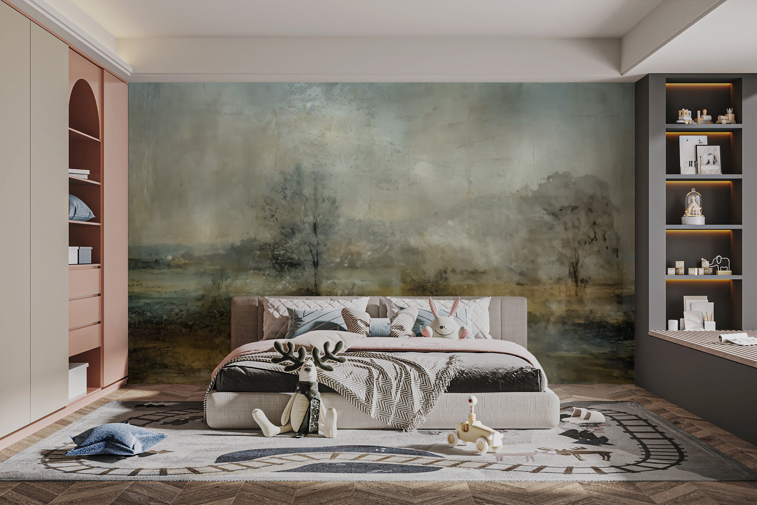 Tranquil foggy green forest mural for peaceful interiors



