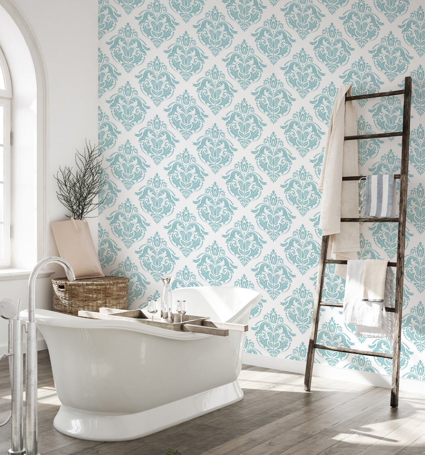 Sophisticated wallpaper featuring blue and white motifs