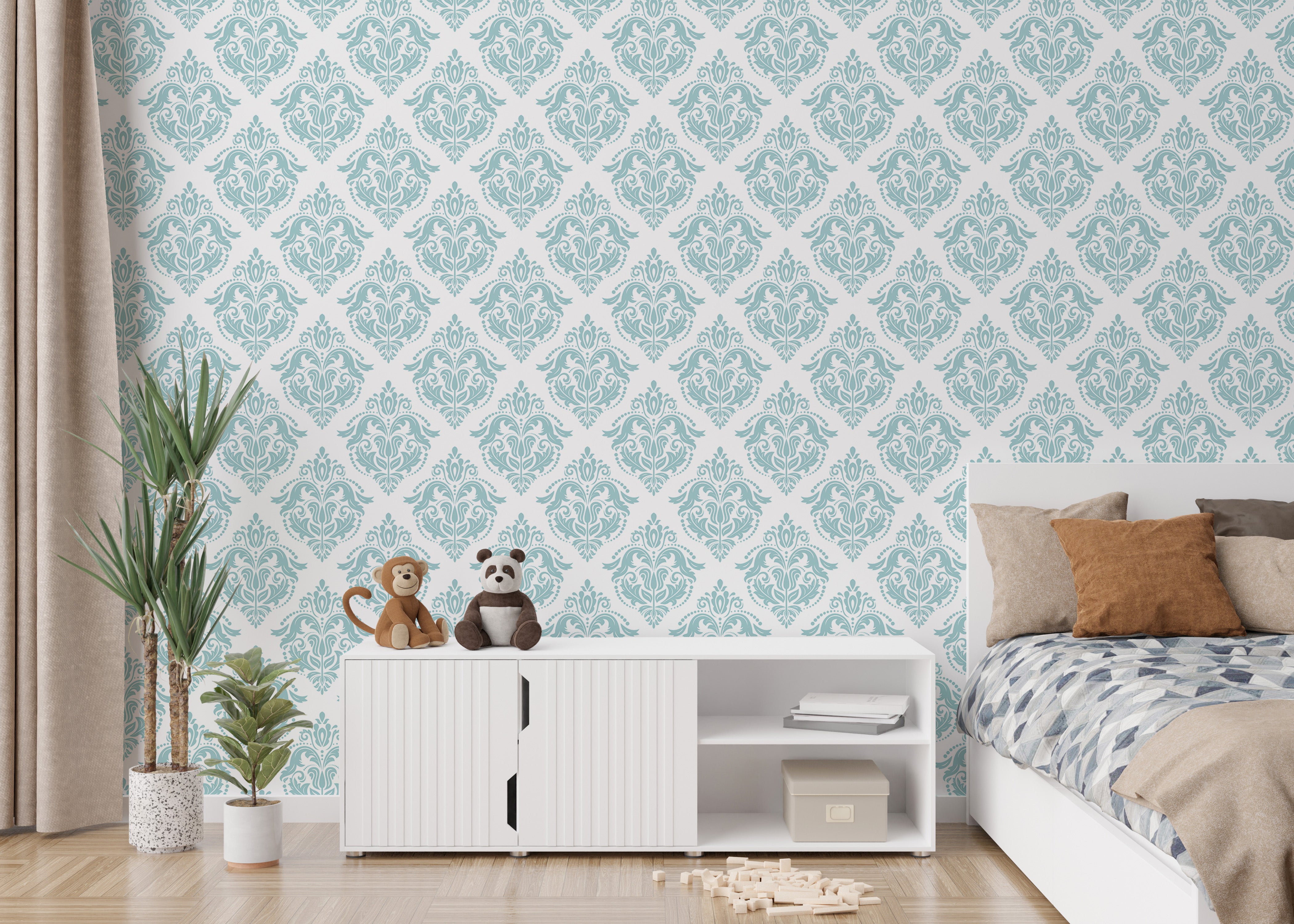 Blue and white wallpaper with oriental-style designs