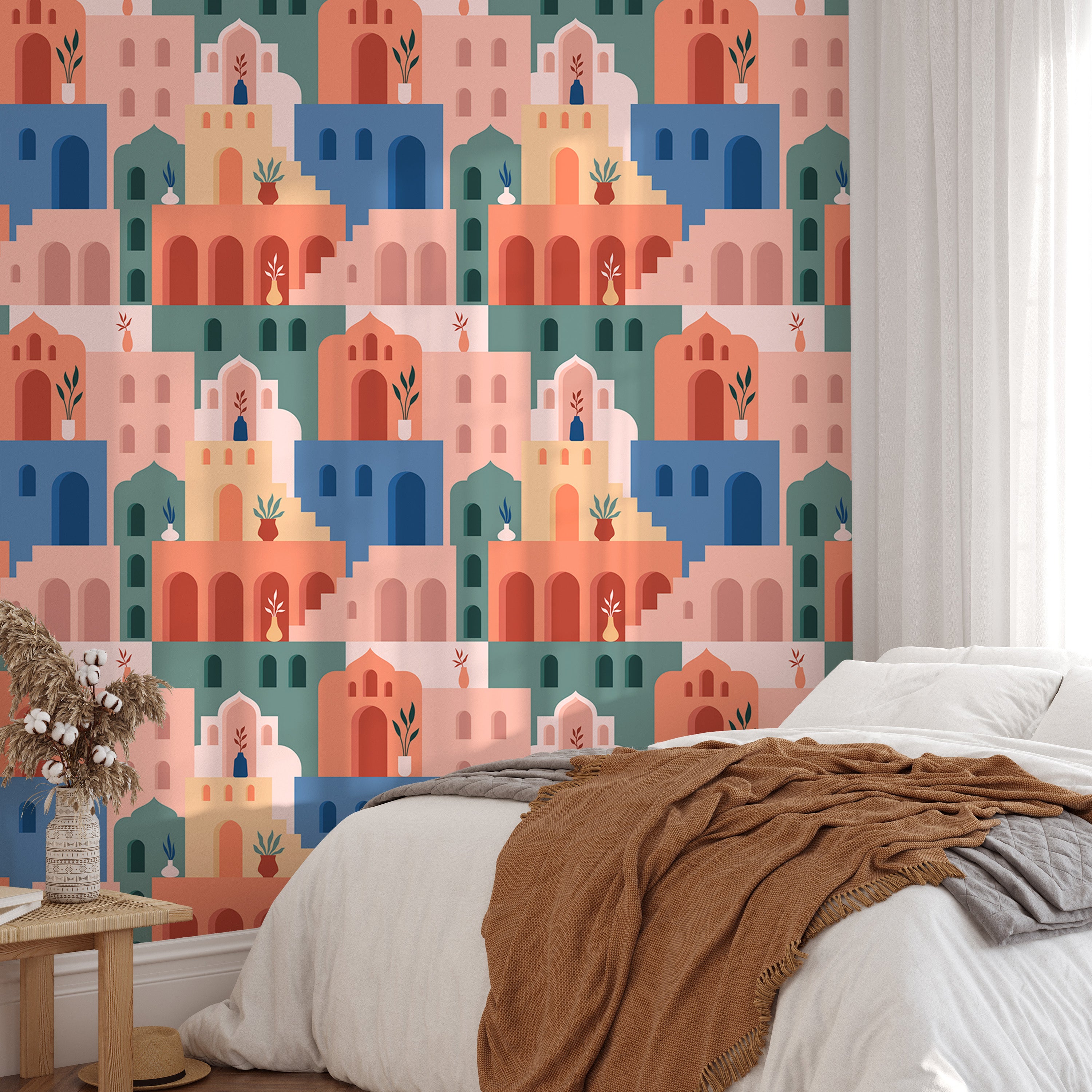 Moroccan streetscape in vibrant Boho wallpaper design.