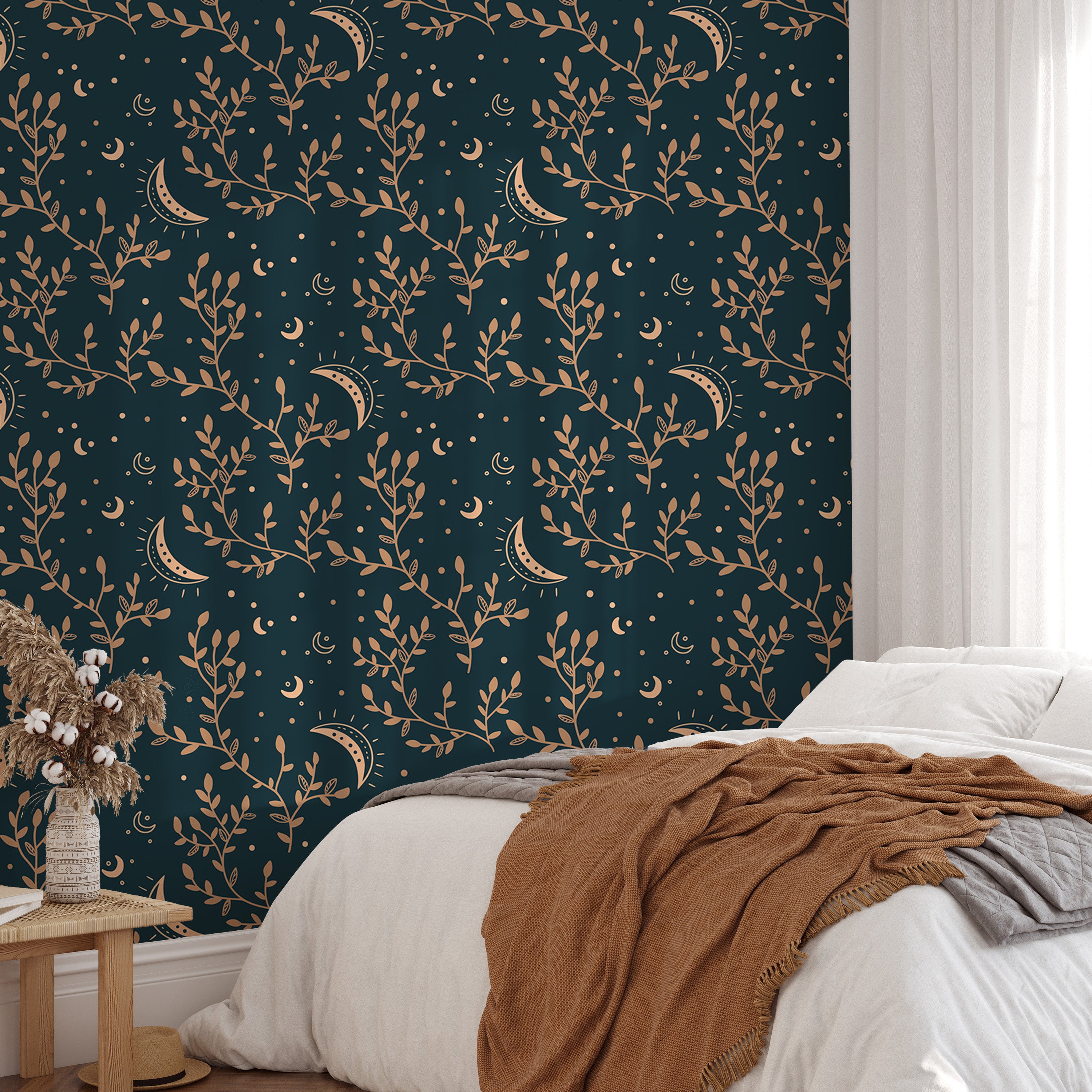 Floral and moon-themed esoteric wallpaper for interiors.