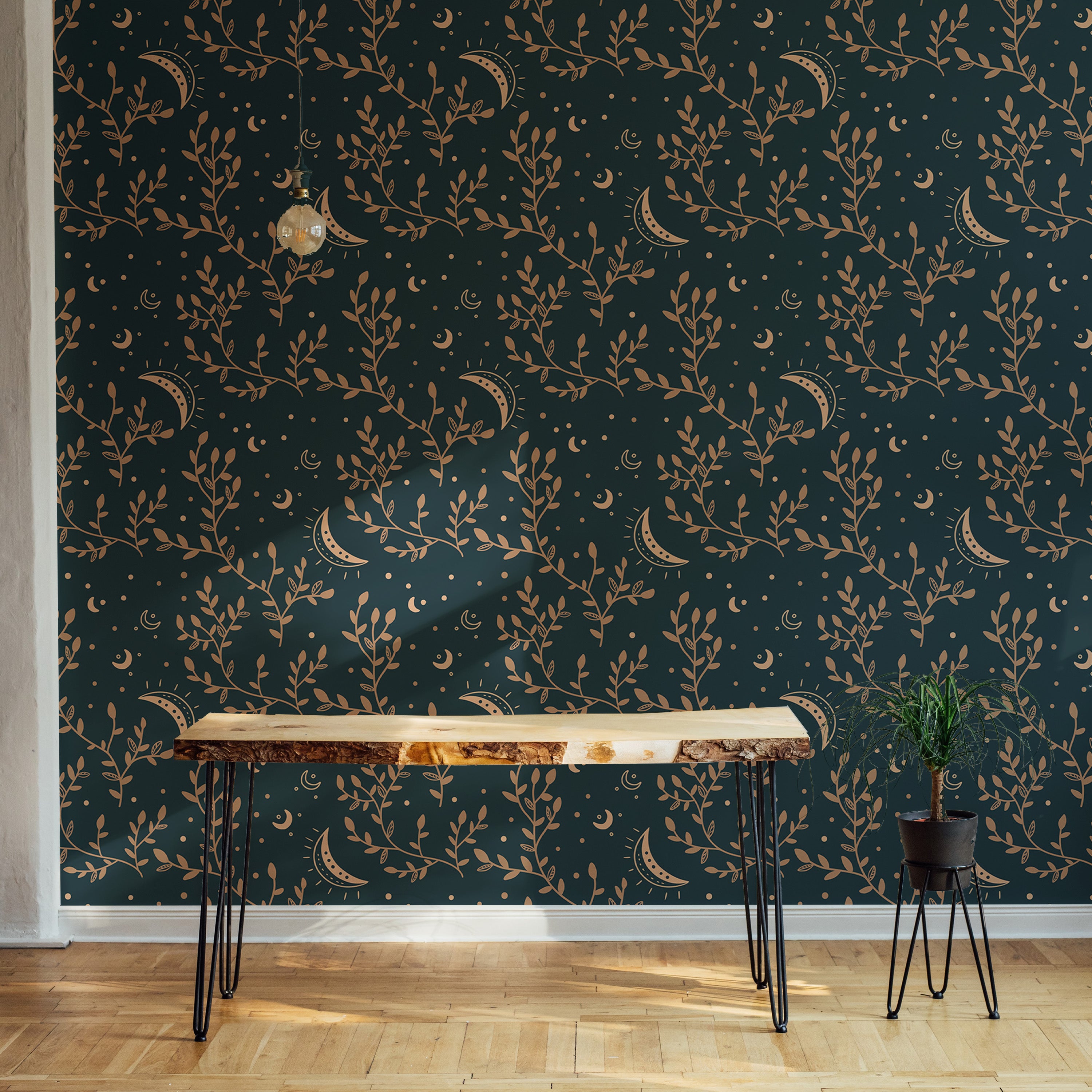 Moon and flower motifs in elegant esoteric wallpaper.