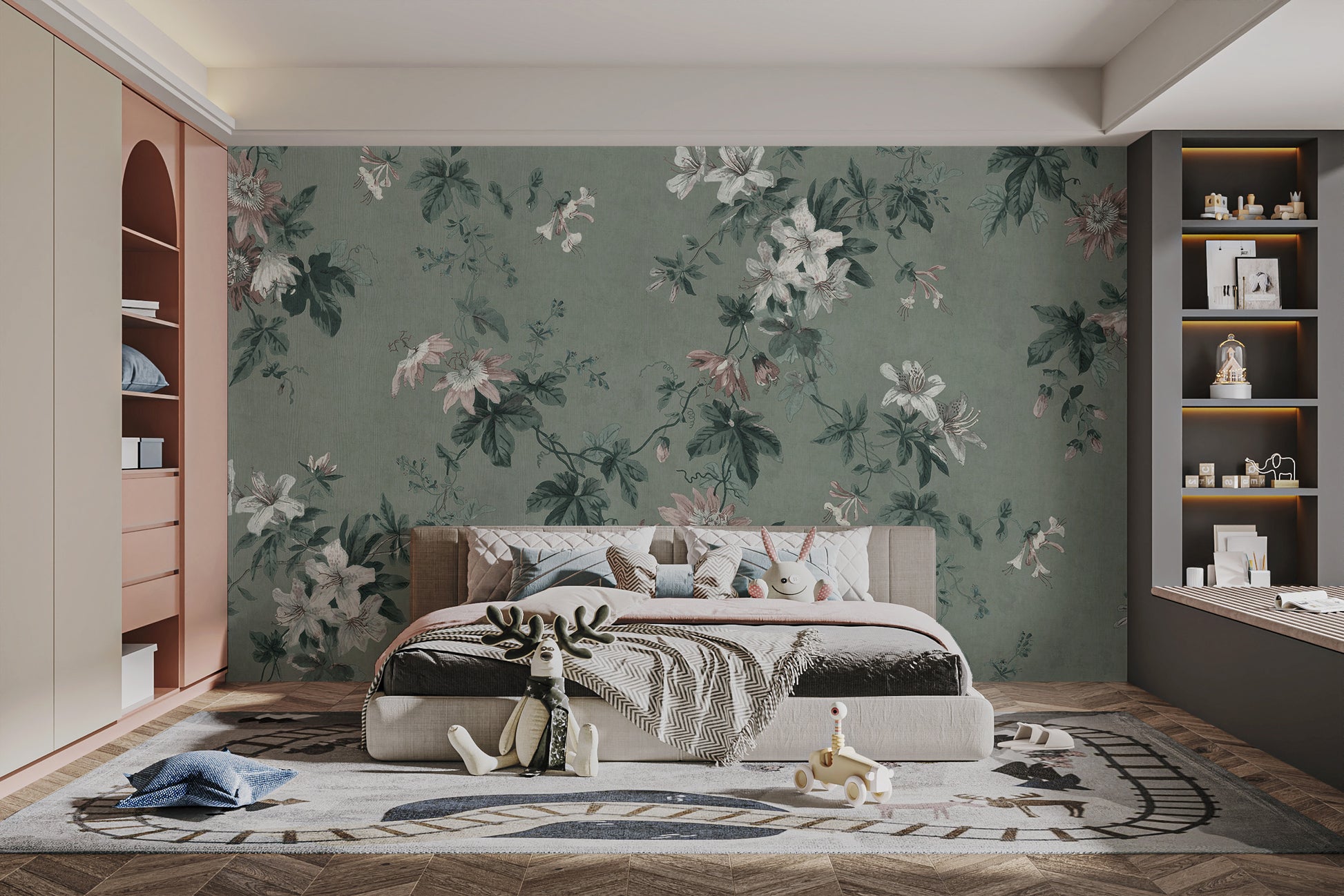 Green chinoiserie wallpaper for traditional elegant decor
