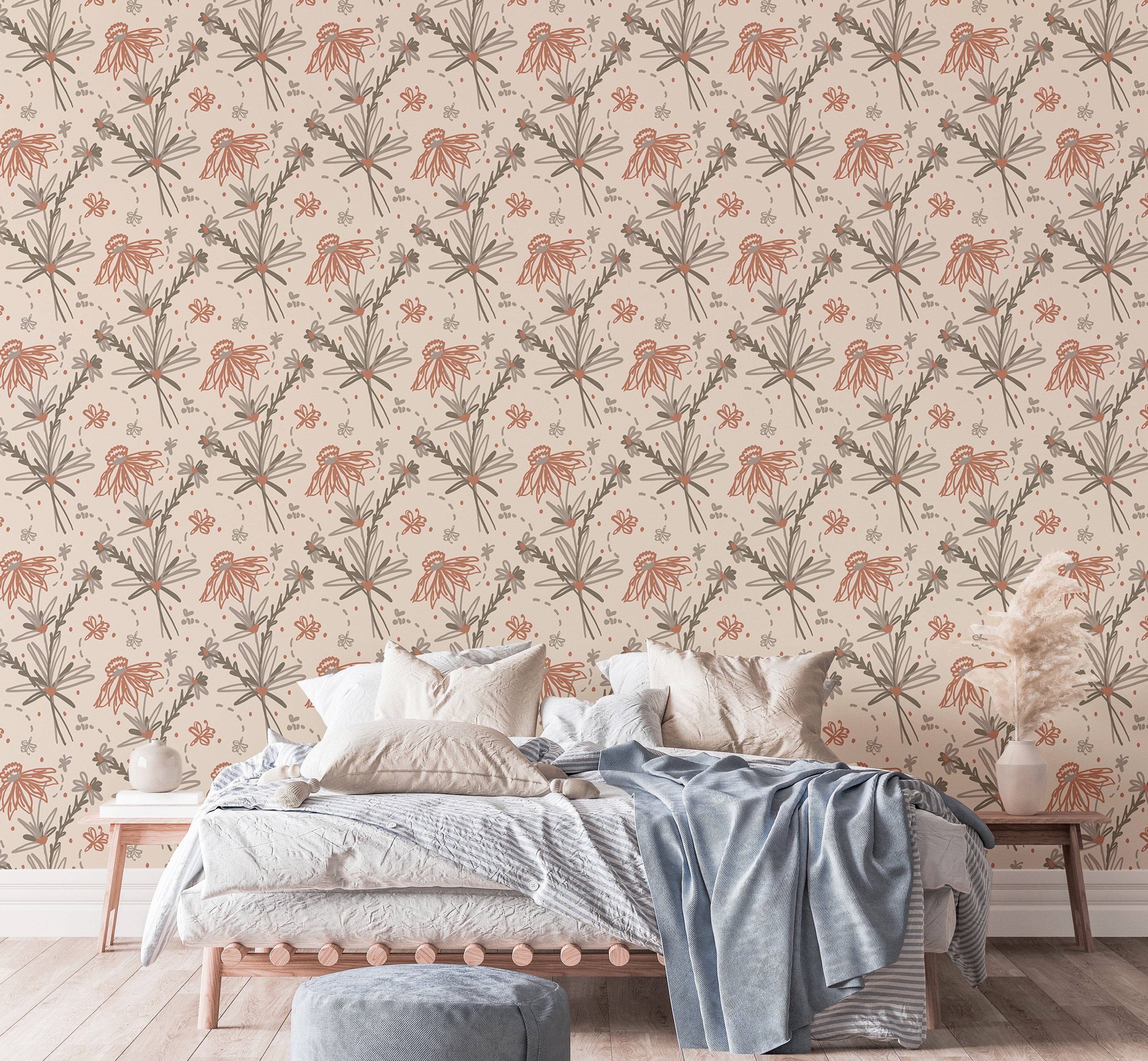 Soft earthy floral doodle wall covering in Boho style.