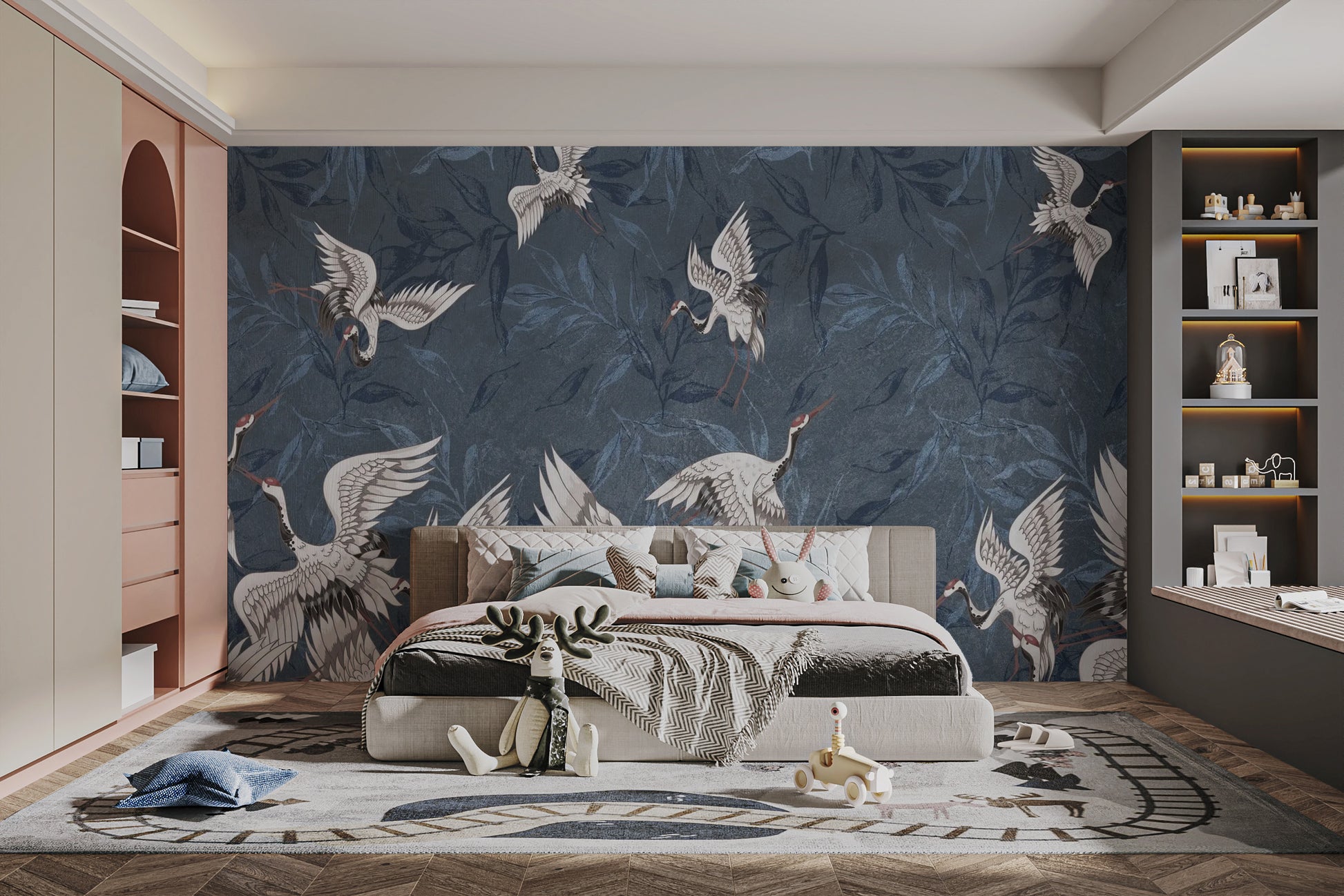 Sophisticated crane and leaves wallpaper in blue tones
