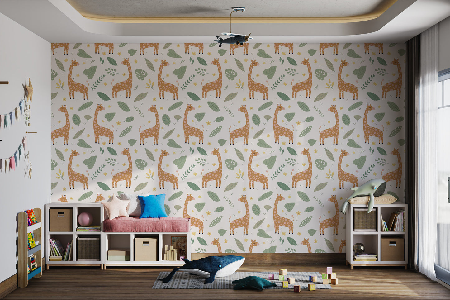 Giraffe and Leaves Wallpaper Mural - Yellow