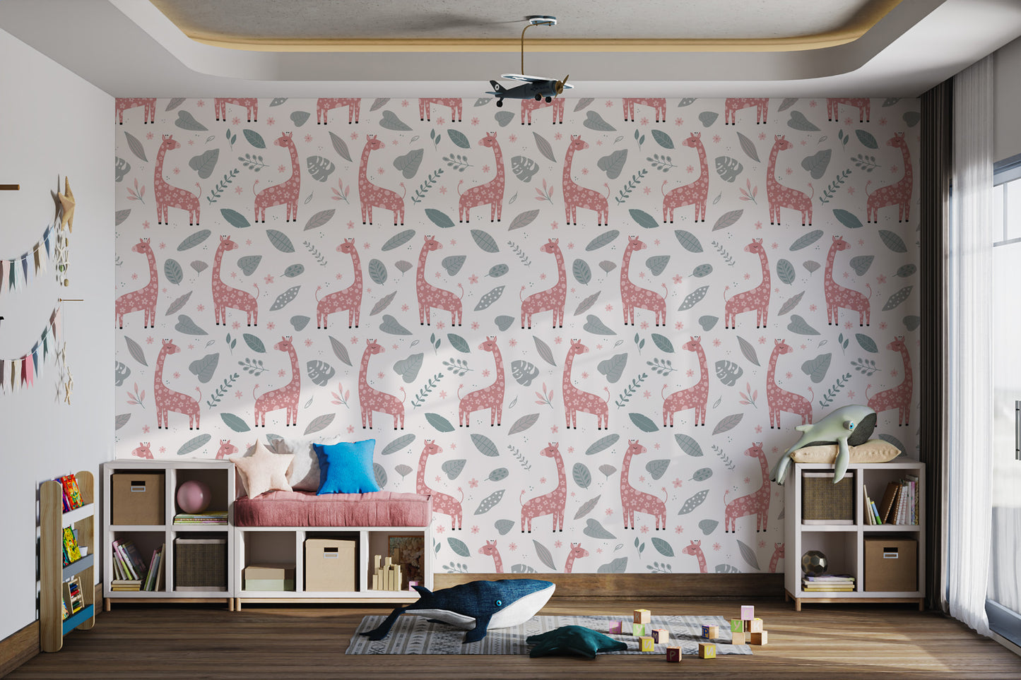 Giraffe and Leaves Wallpaper Mural - Pink