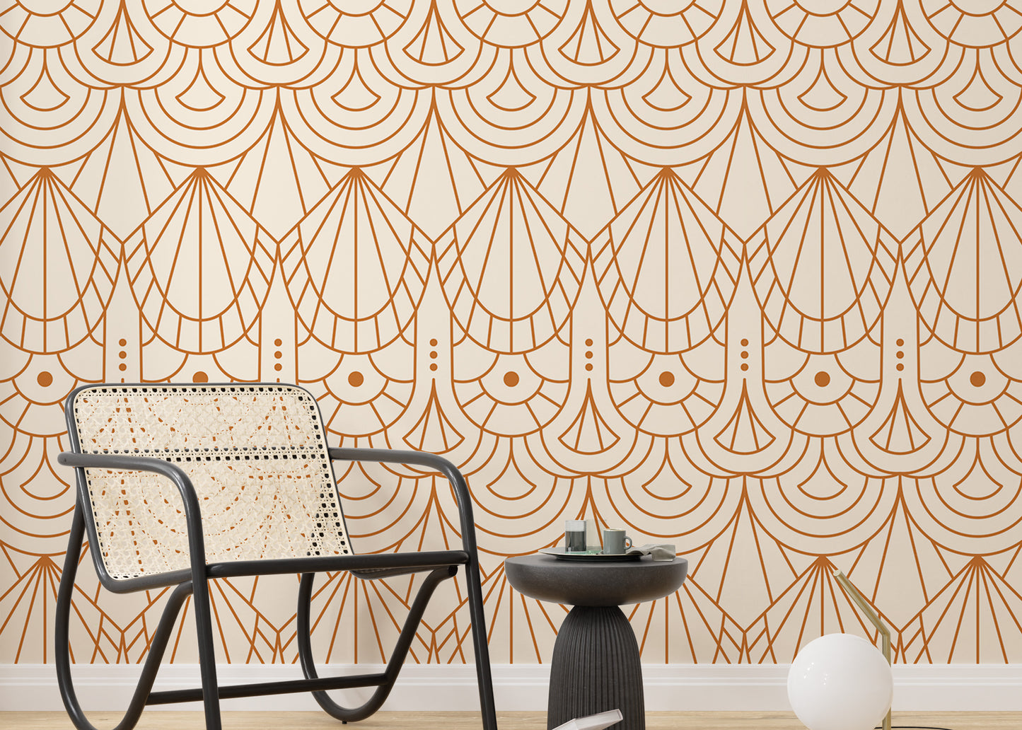 Geometric Deco patterns in orange and beige.