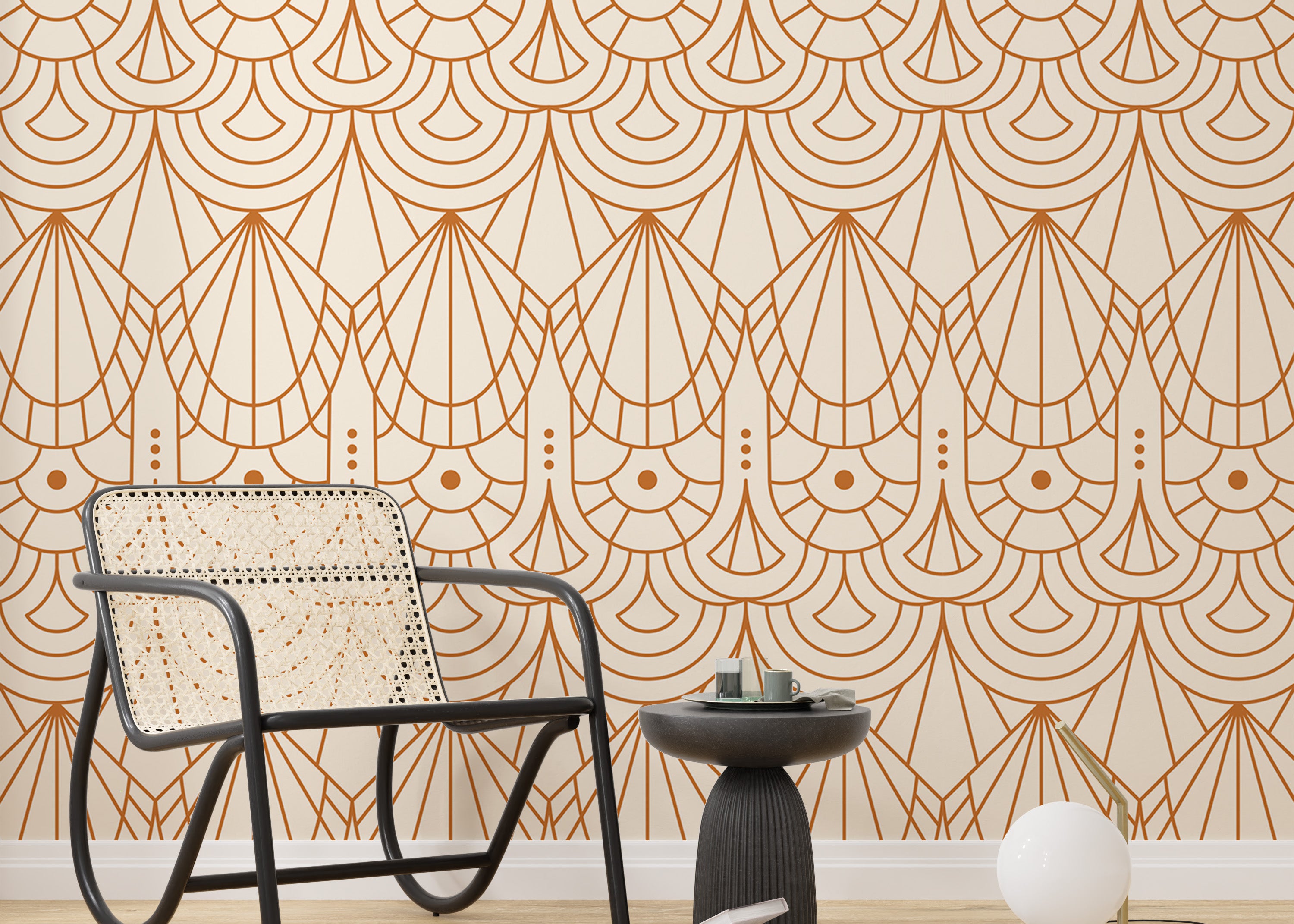 Geometric Deco patterns in orange and beige.