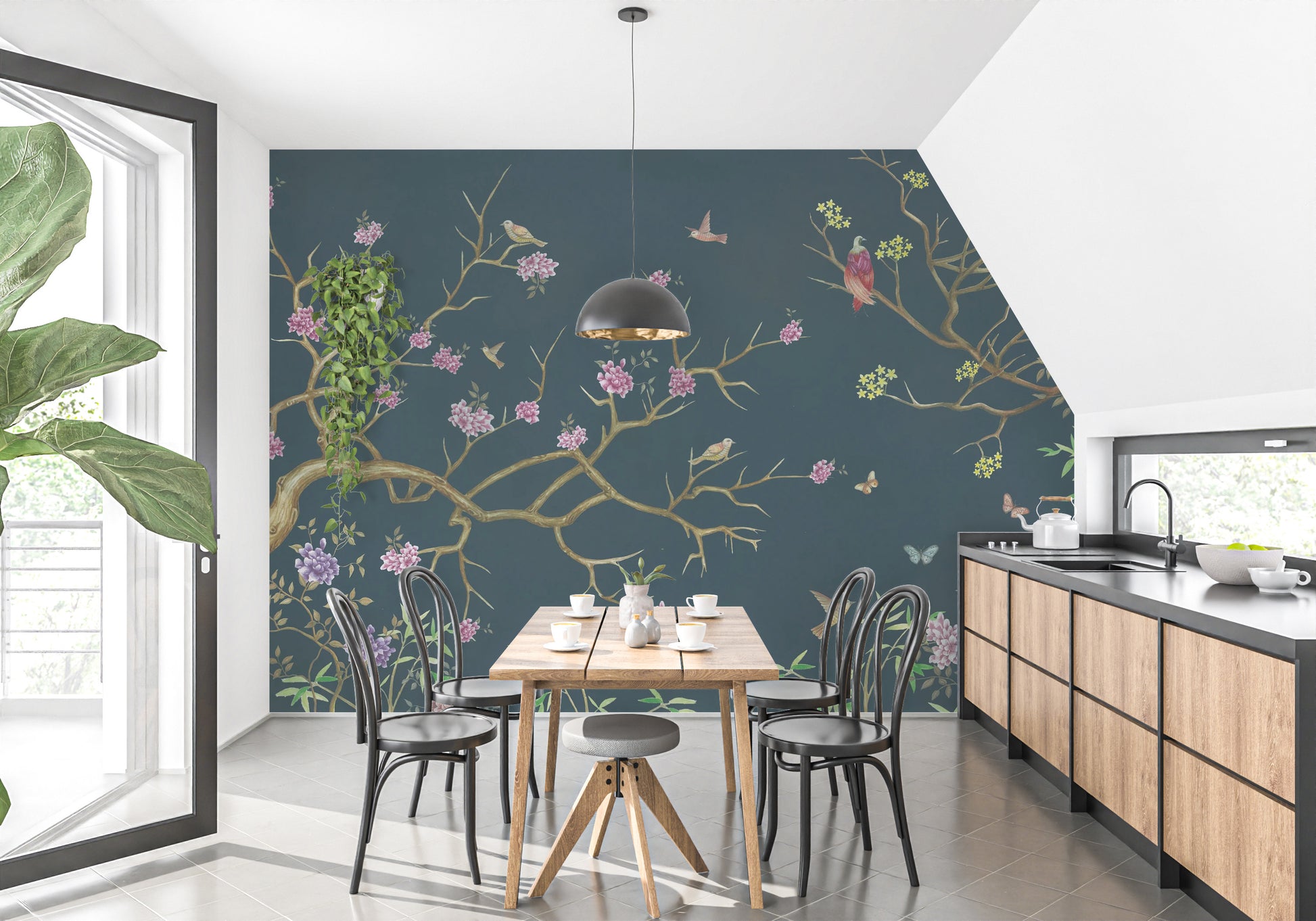 Intricate dark blue chinoiserie mural for chic decor
