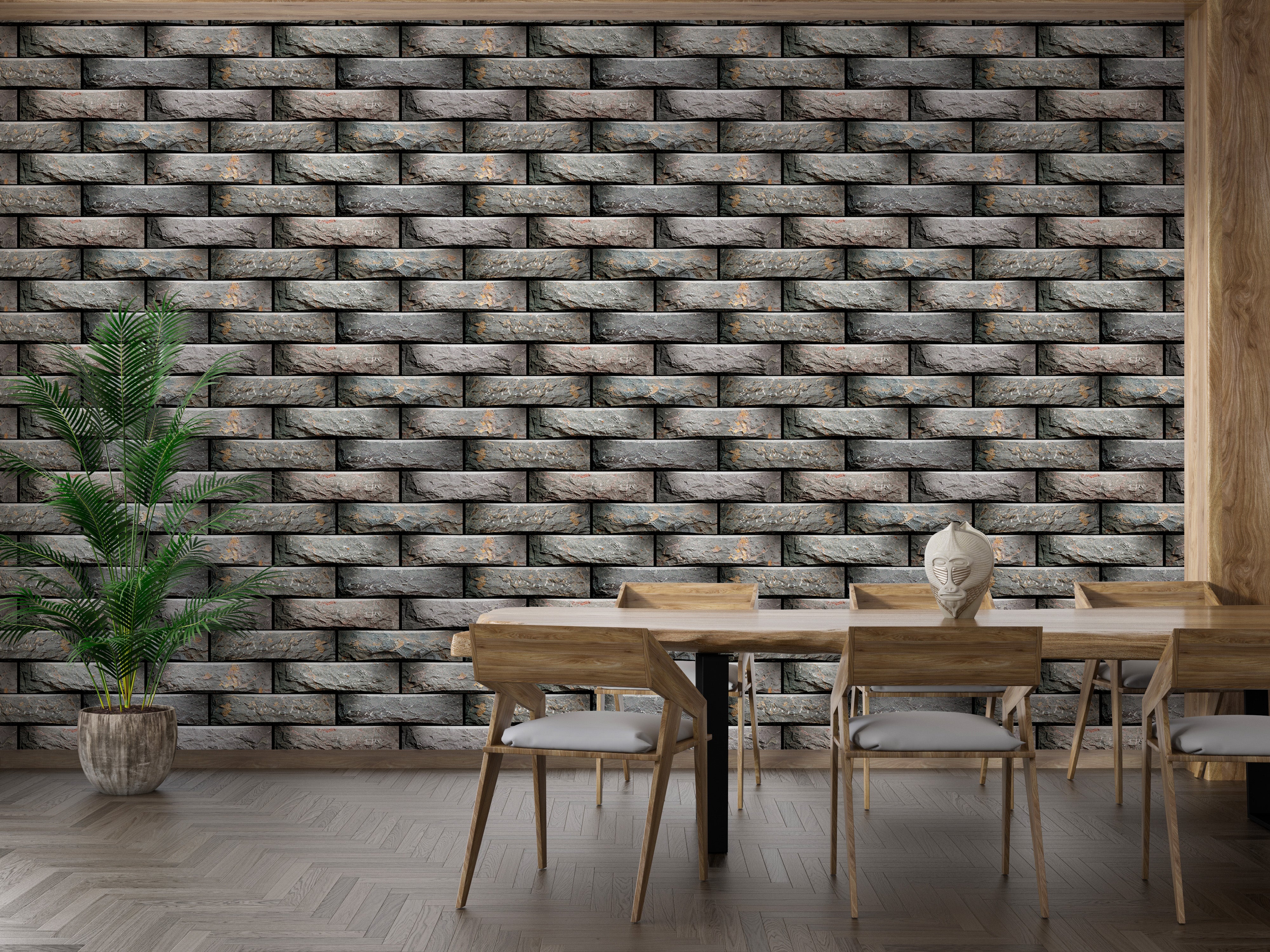 Sophisticated elevation tiles in geometric wall decor.