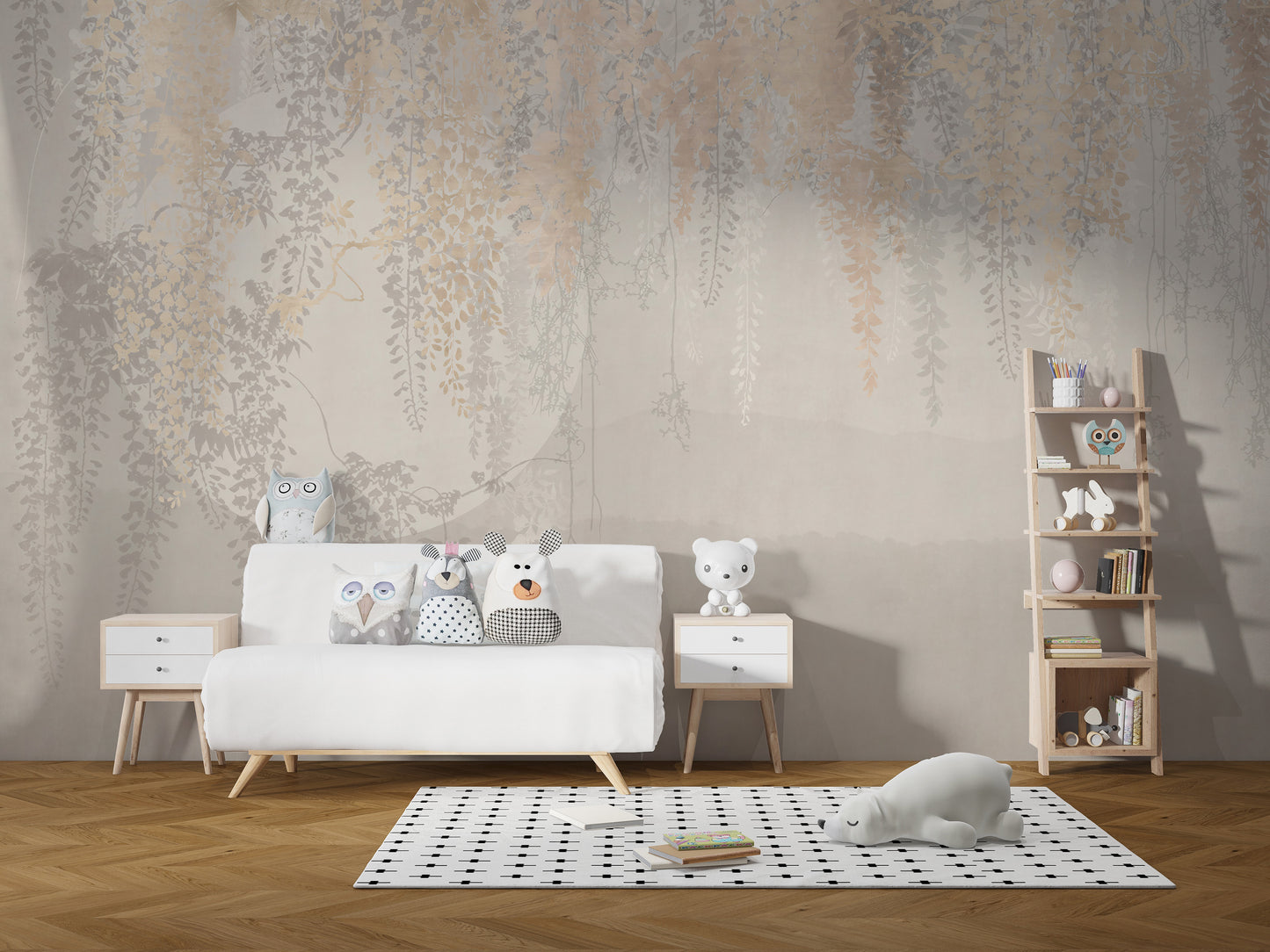 Golden and Grey Hanging Leaves Wallpaper Murals