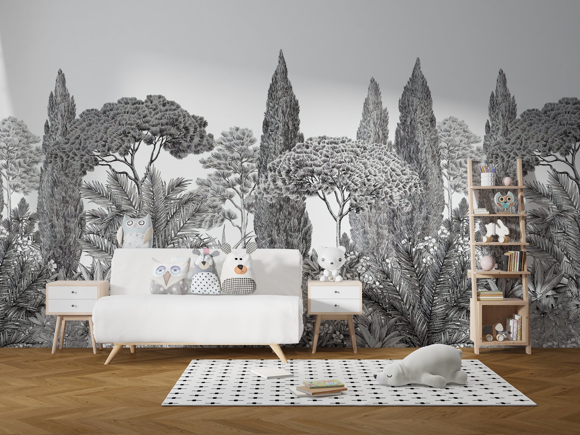 Dreamy deodar mural featuring subtle greys