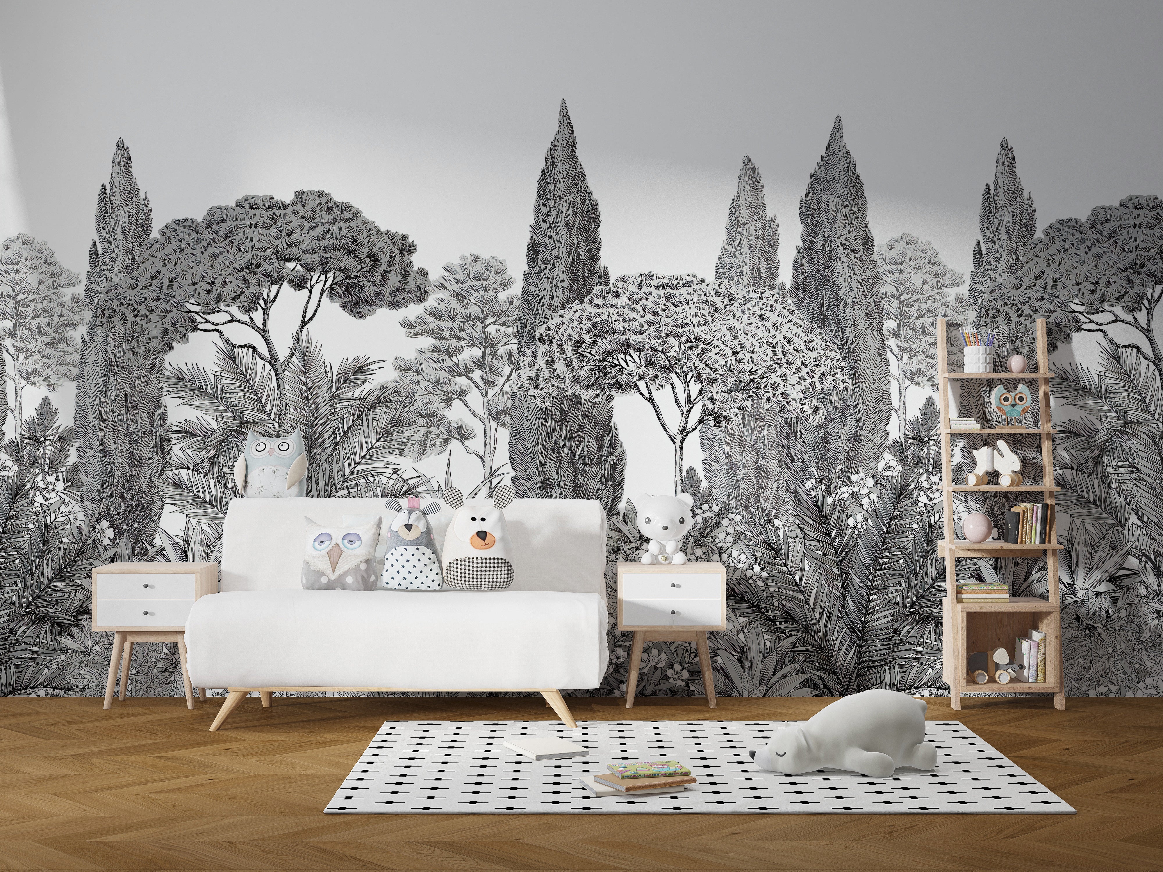 Dreamy deodar mural featuring subtle greys