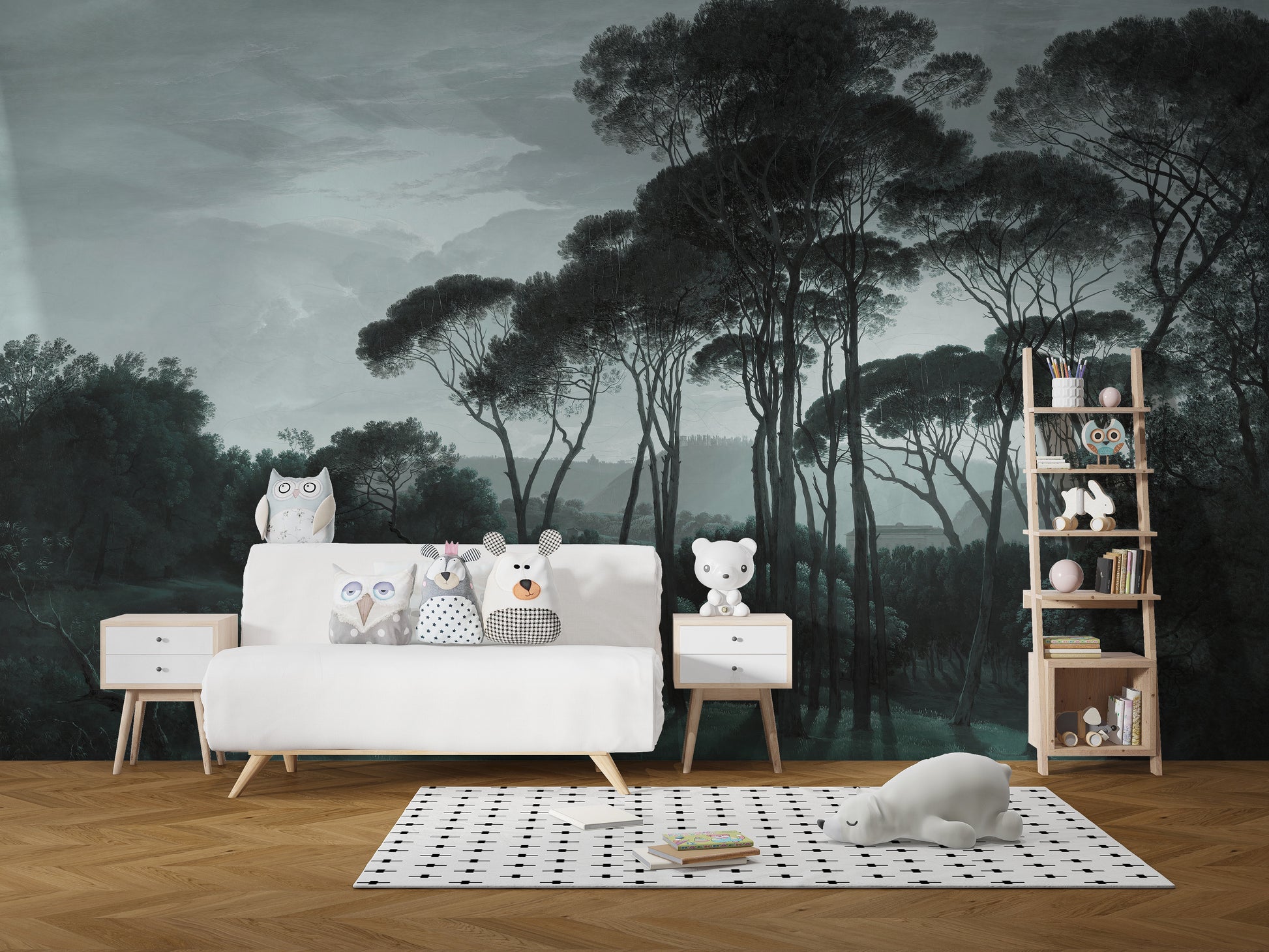 Elegant misty forest wall mural for interiors
