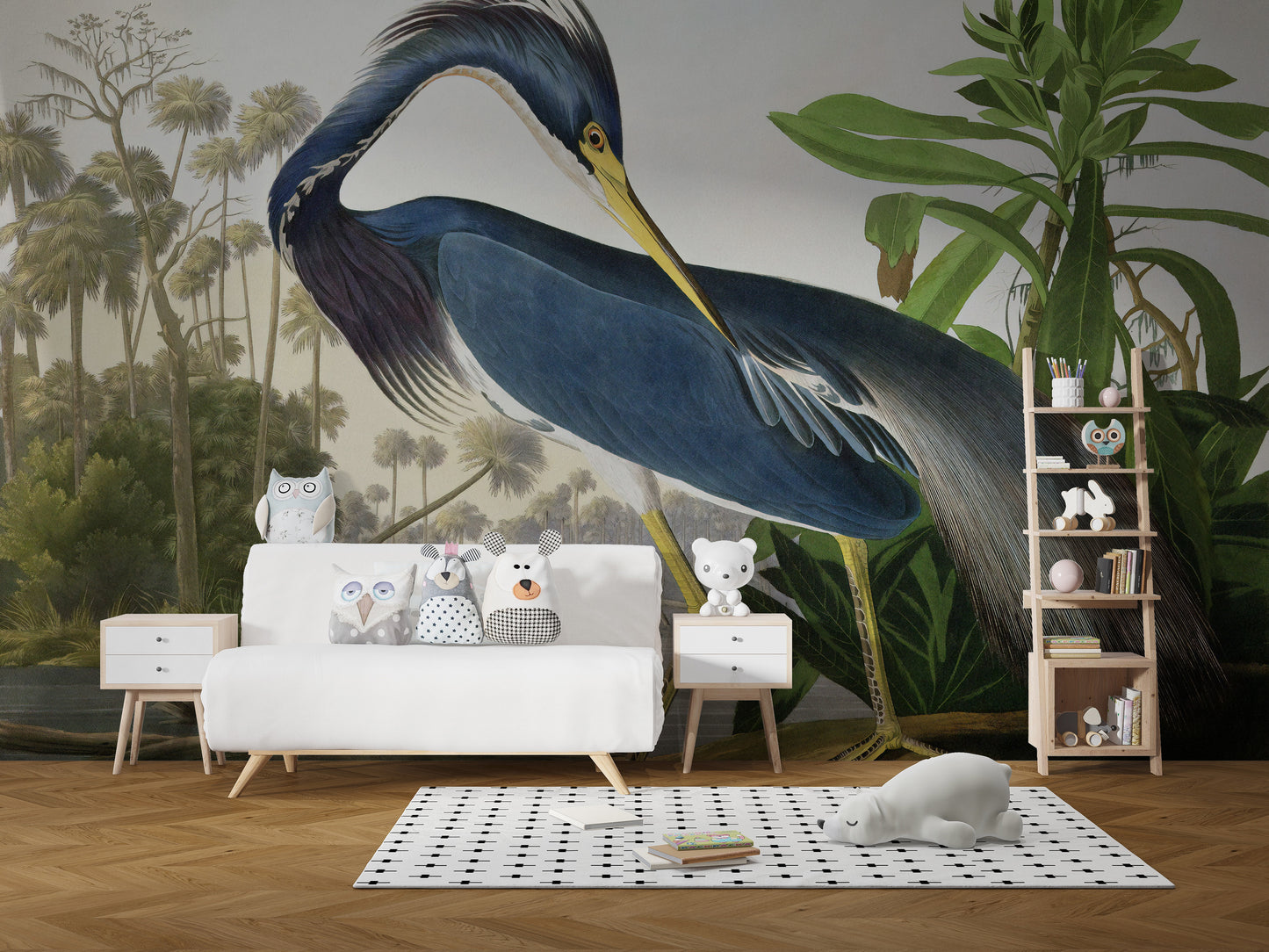 Serene watercolor heron mural decor
