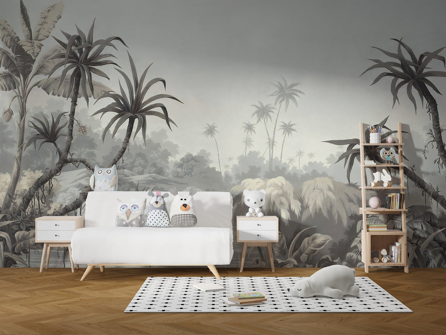 Nature-inspired lake and palm wall decor
