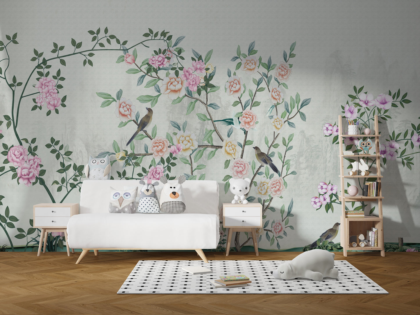 Enchanting floral patterns with birds.
