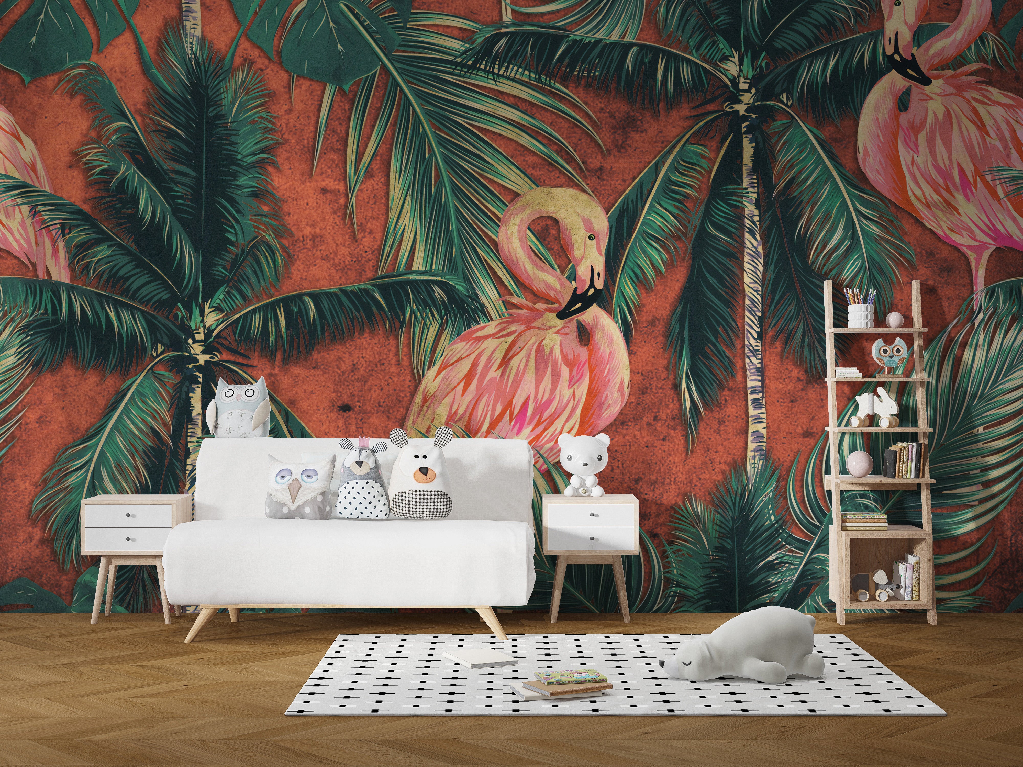 Flamingo mural in dark tropical foliage.
