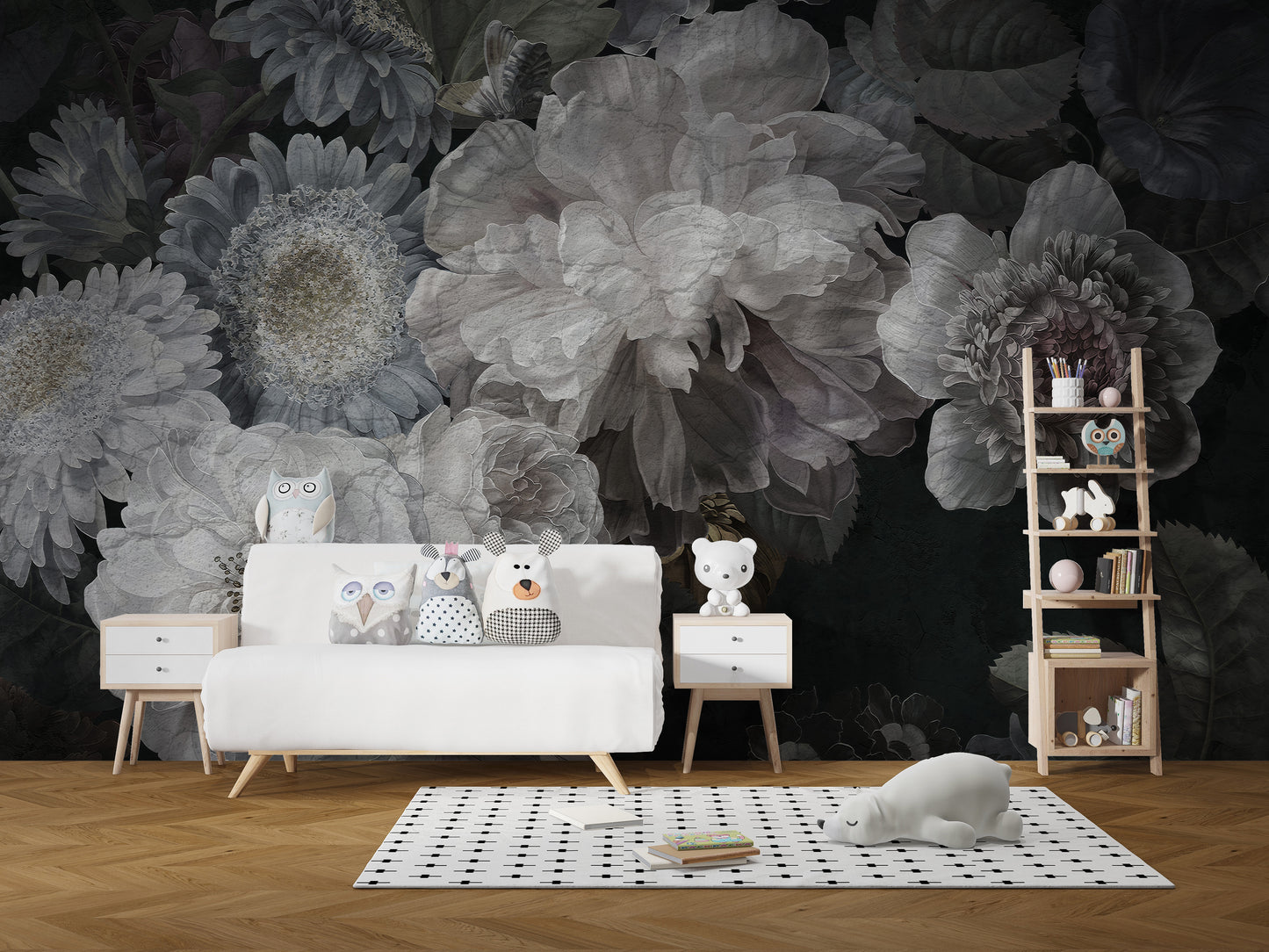 White wildflower mural for modern interiors
