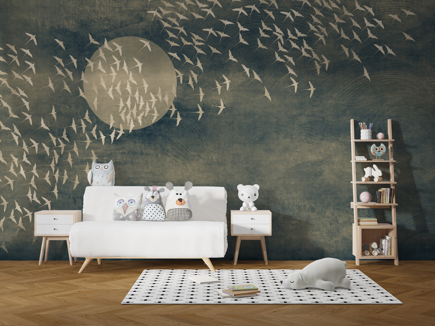 Elegant birds in flight on a dark wall art.
