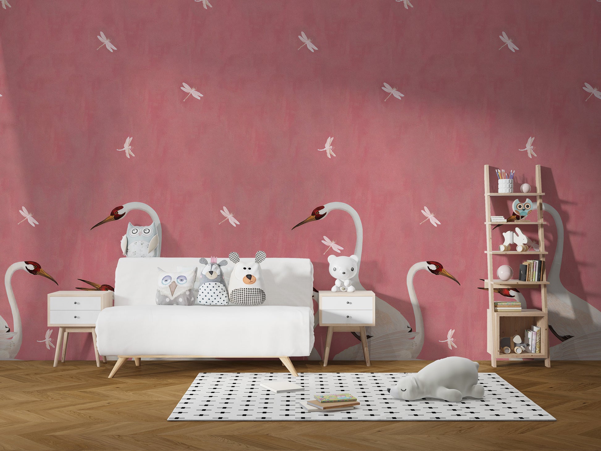 Sakura-inspired pink wallpaper with cranes.
