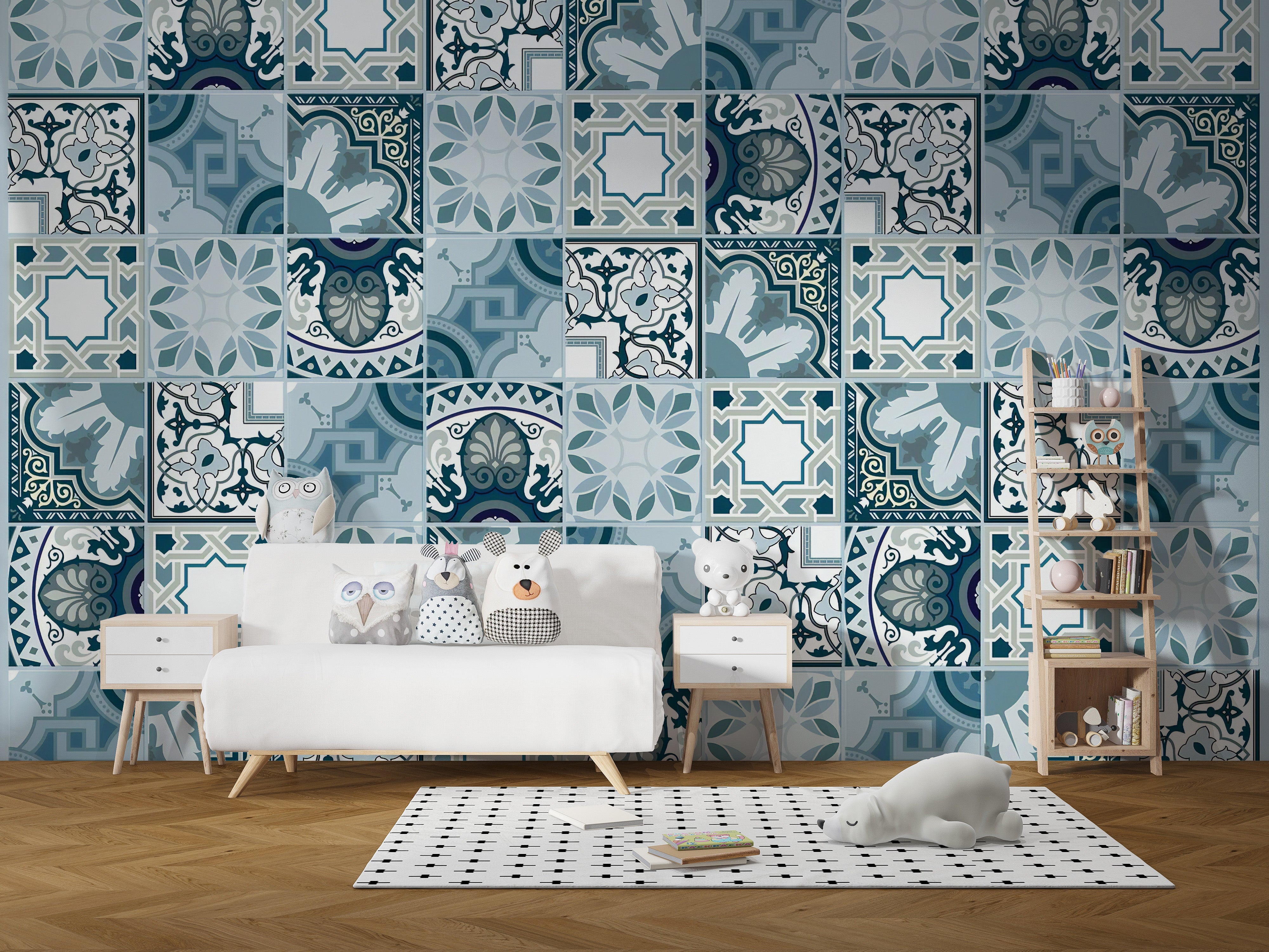 Floral blue tile-inspired wall mural decor.
