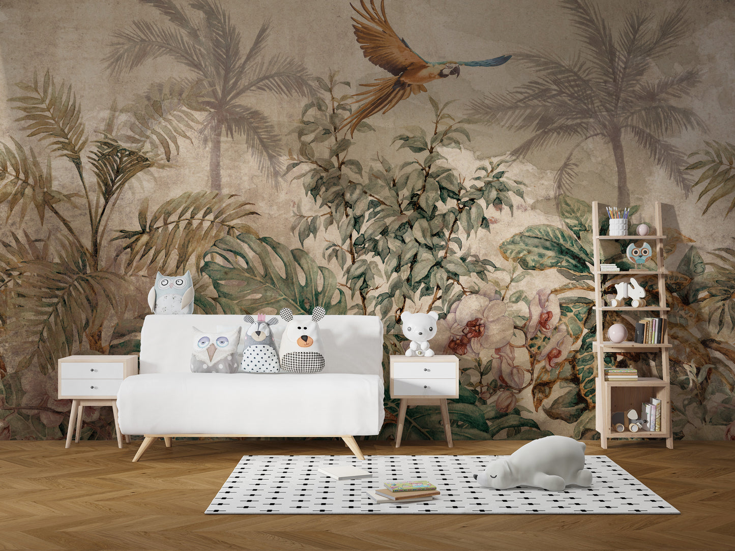 Tropical wall mural with parrot and leaves.
