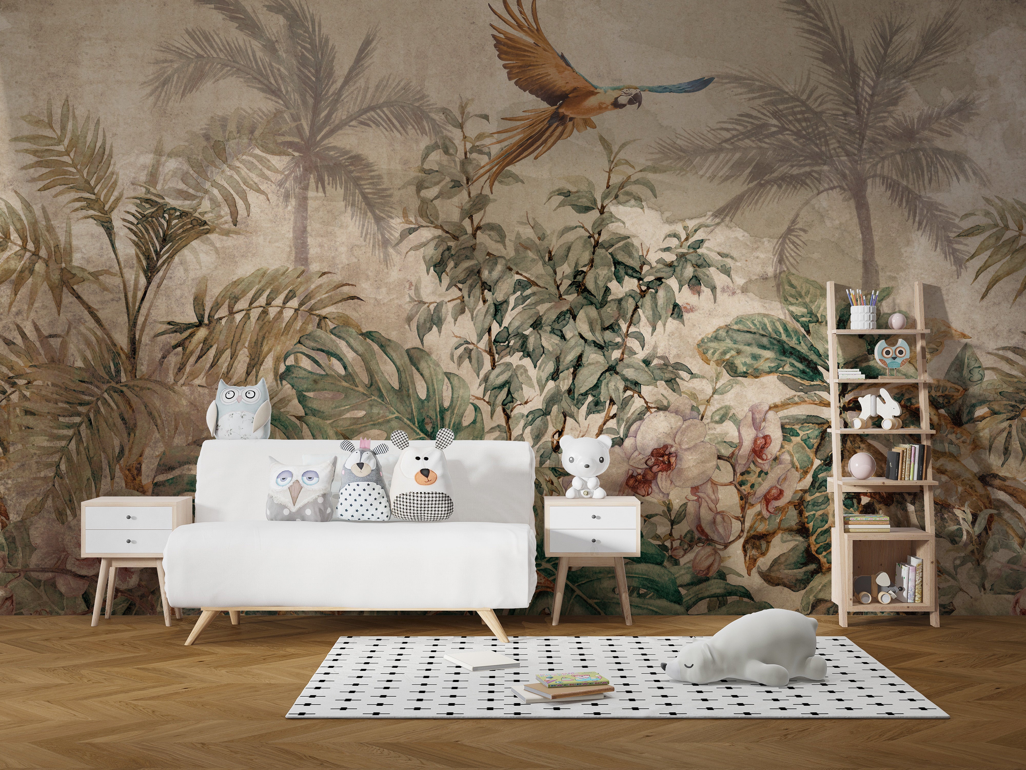 Tropical wall mural with parrot and leaves.
