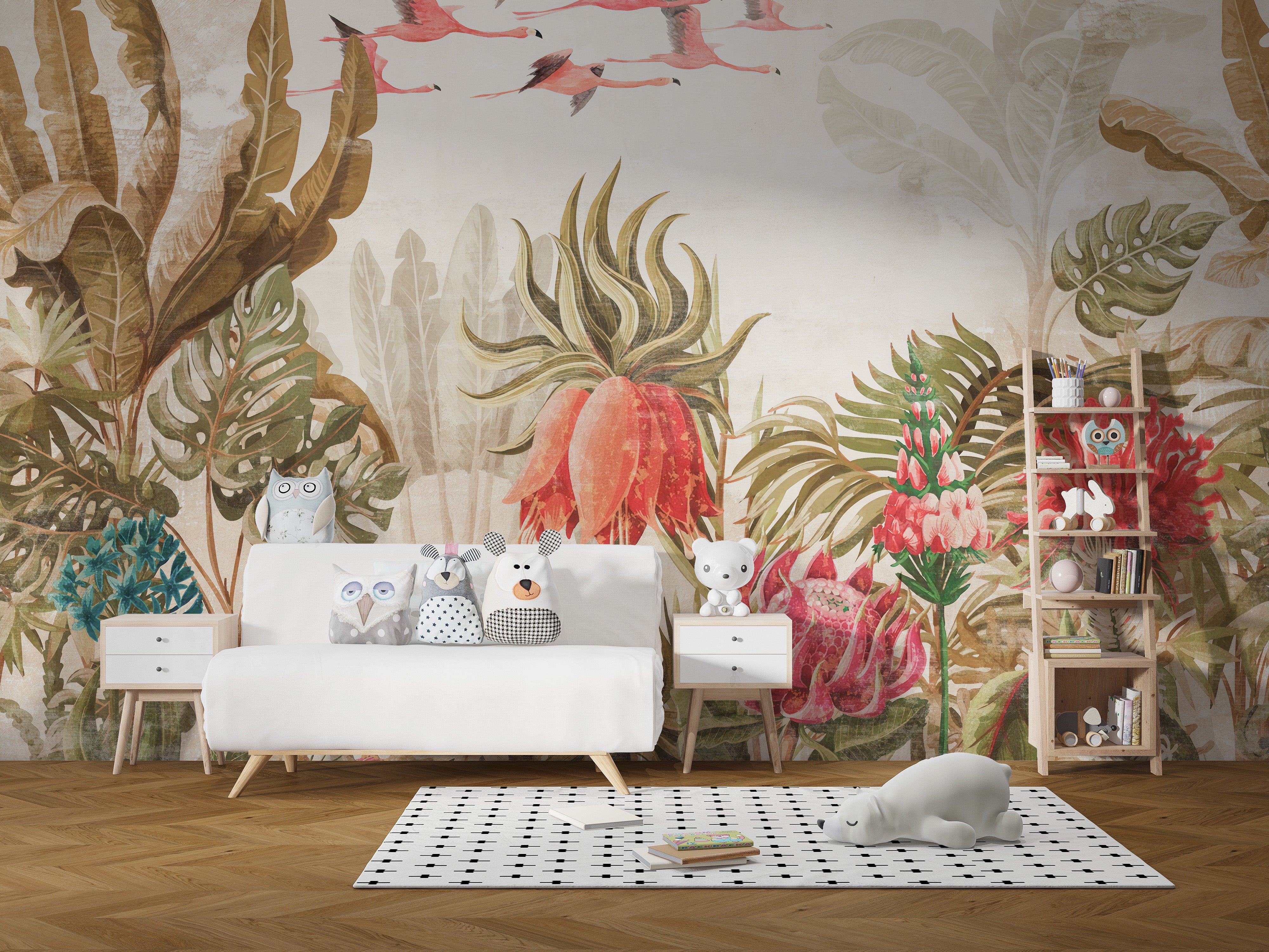 Tropical foliage and flamingo wall decor.
