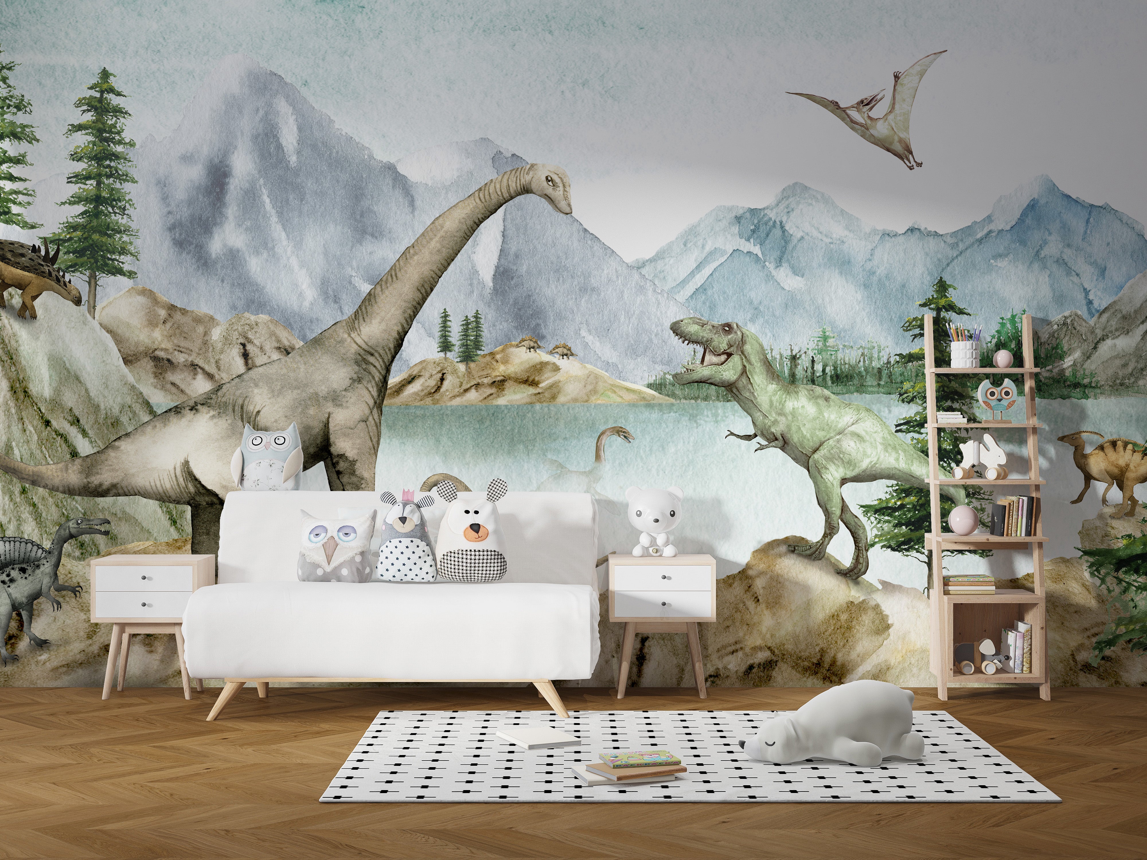 Dinosaur mural featuring Jurassic lake and creatures.
