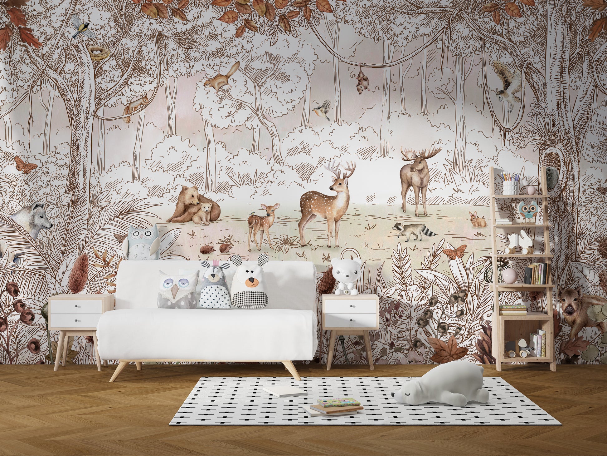 Forest animals mural with a serene autumn backdrop.
