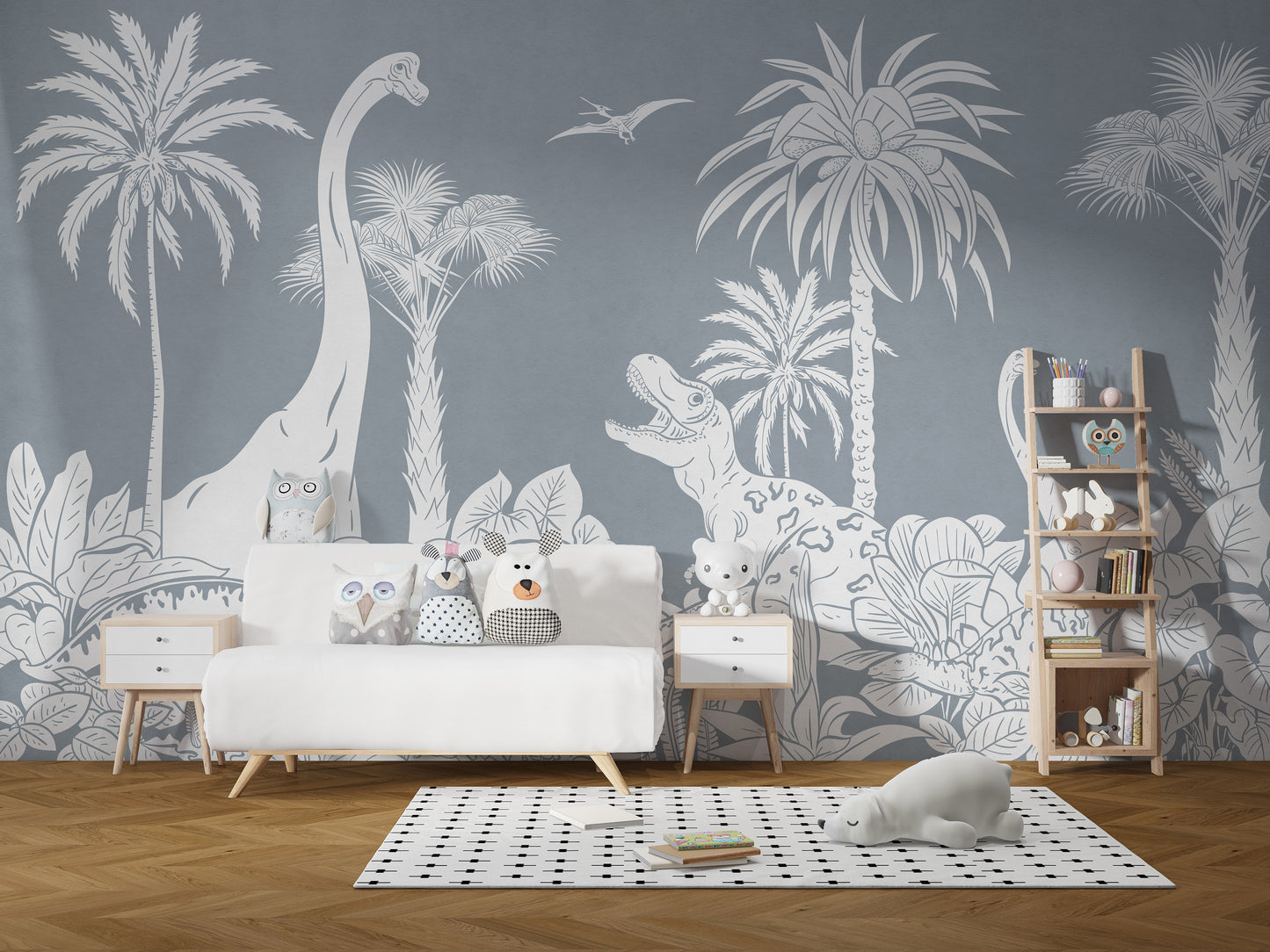 Bold and playful Monochrome Dino Blue mural for children.



