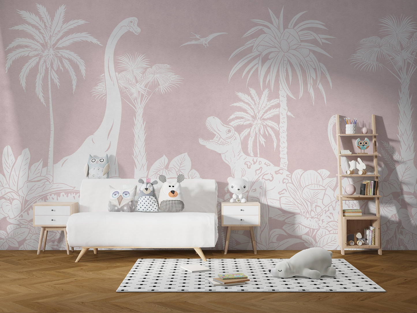 Dino-themed Monochrome Pink mural for playful decor.
