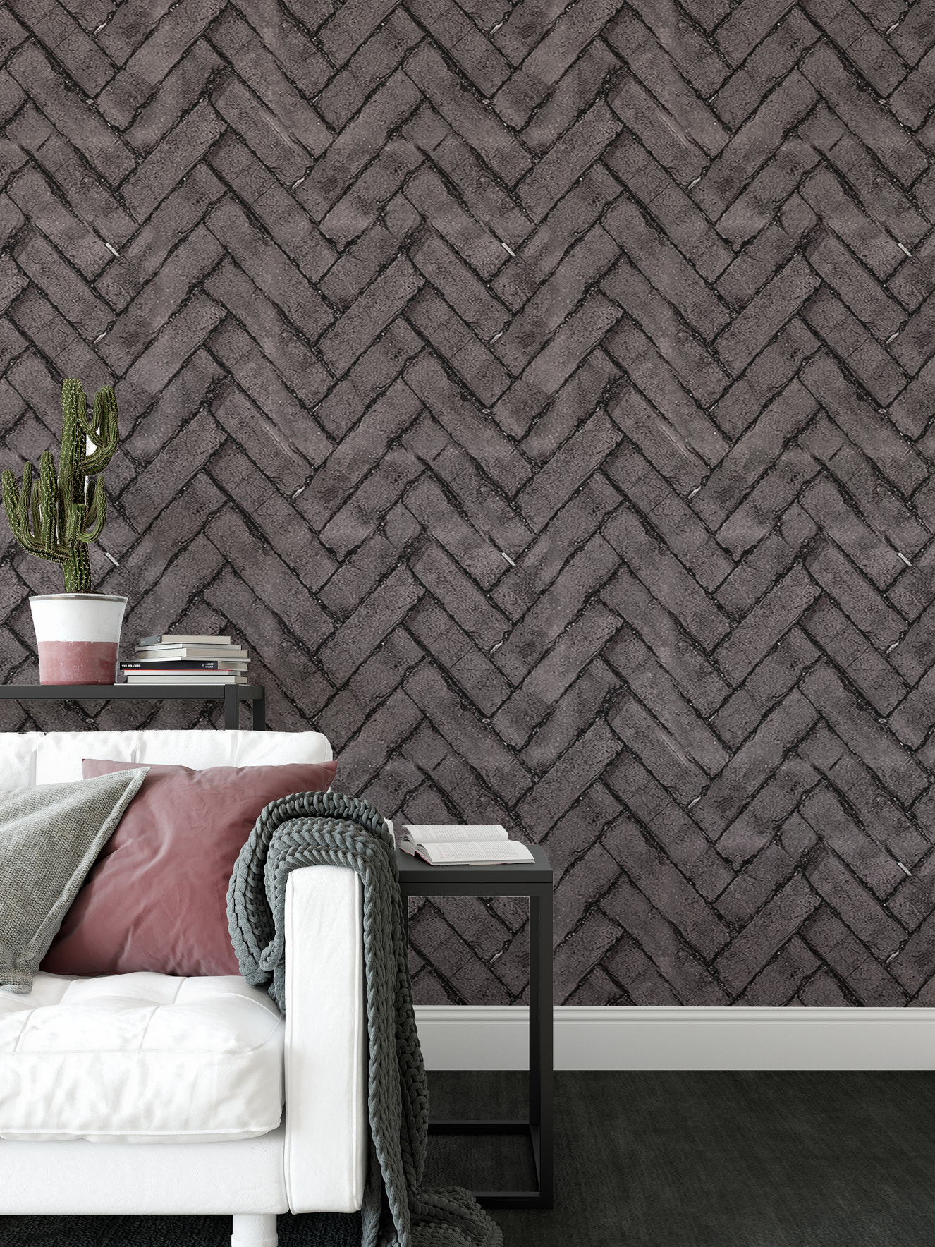 Dark brown brick wallpaper with repeat patterns.