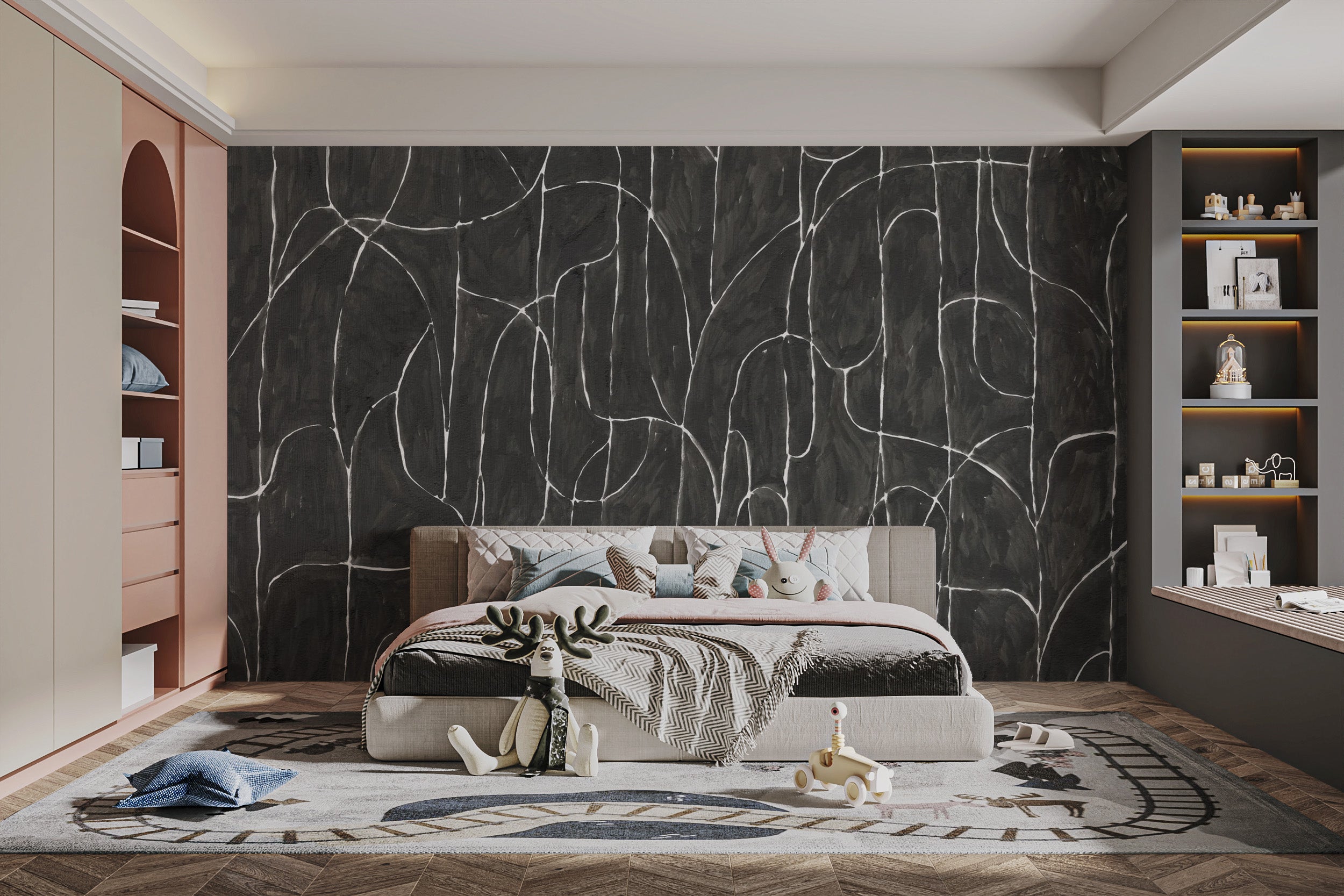 Scenic black boulder beach mural for statement walls