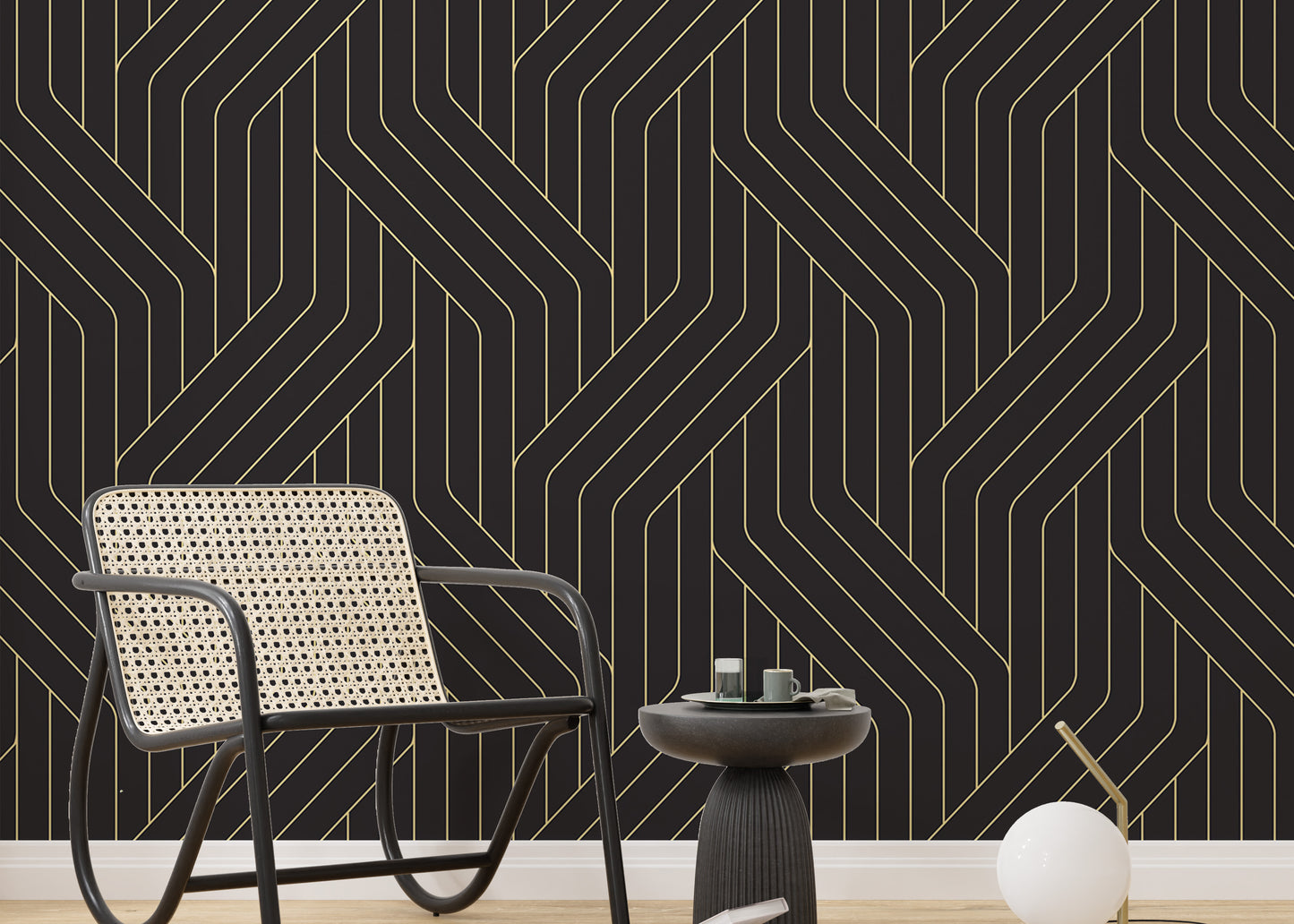 Ornate black and gold rounded line wallpaper.