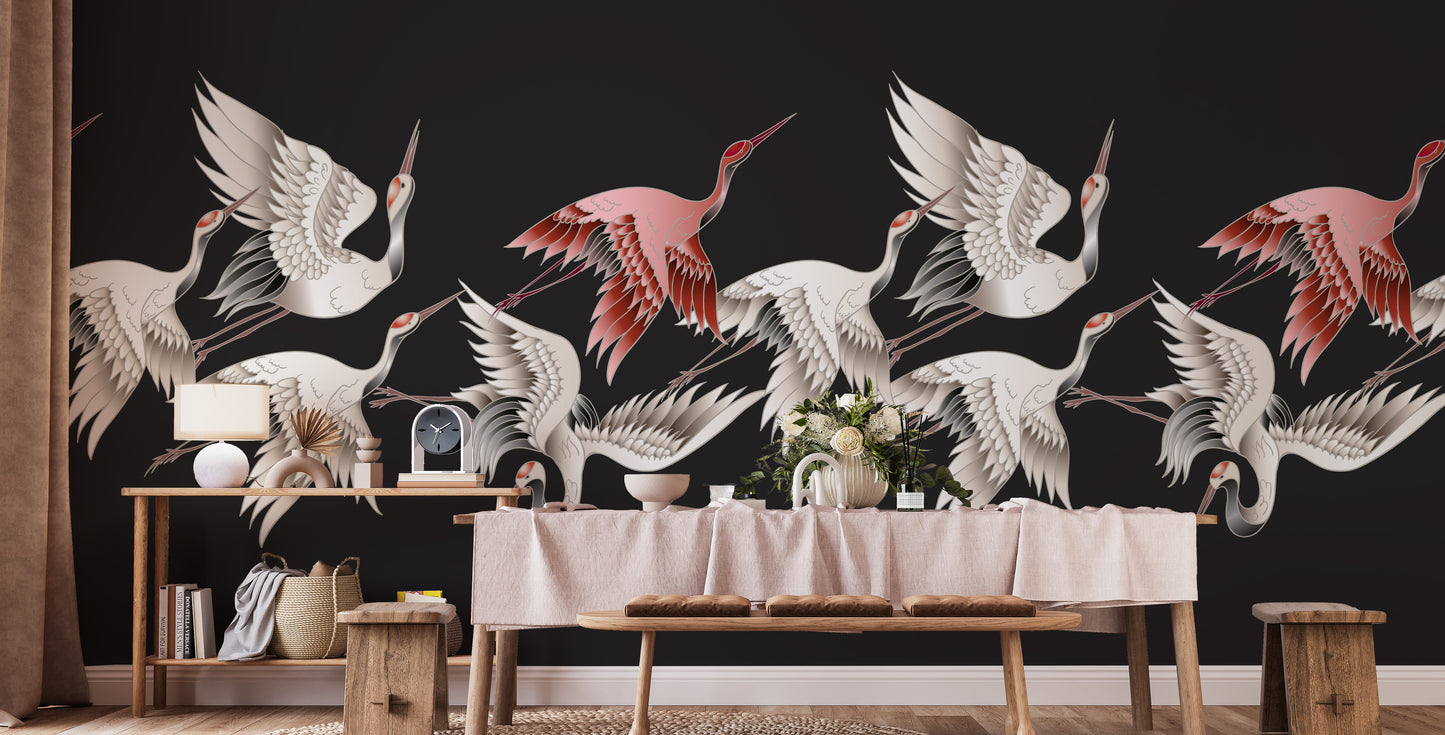 Flying cranes create elegance in mural art
