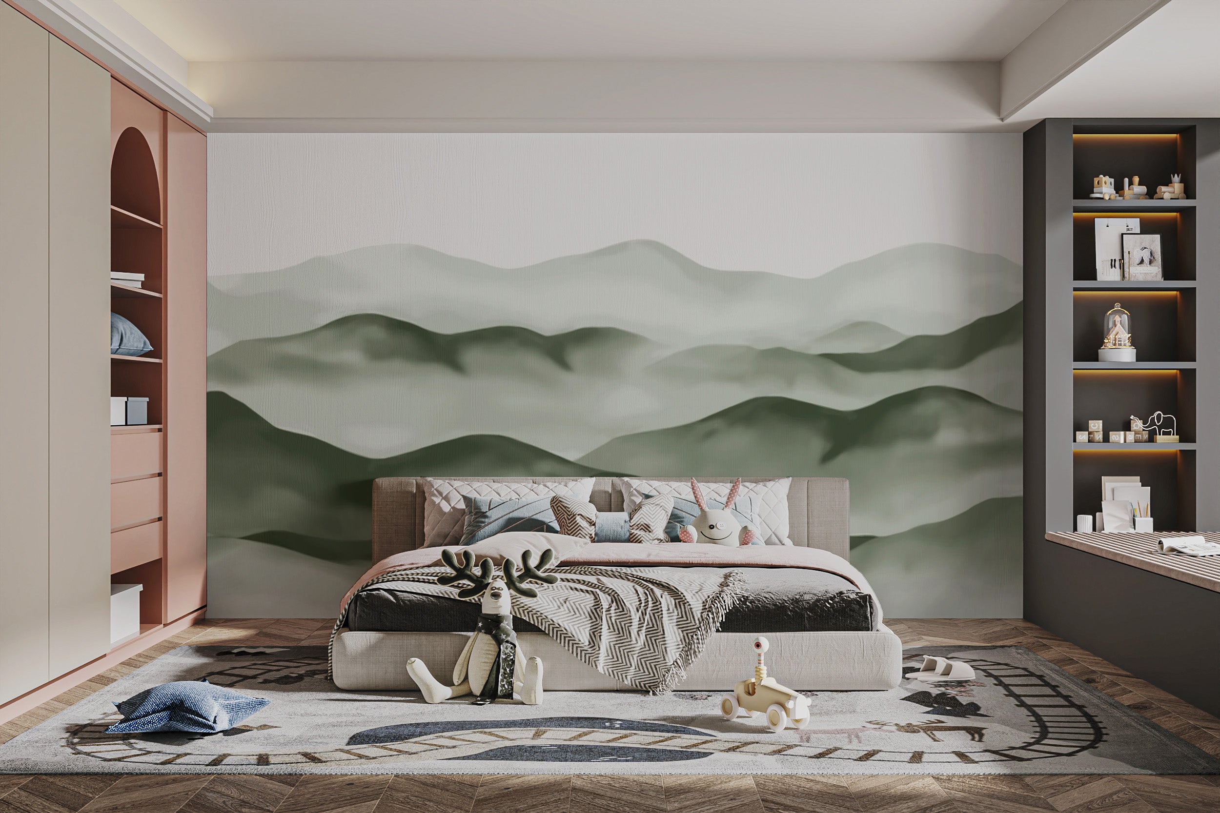 Gentle green mountain mural for peaceful wall decor



