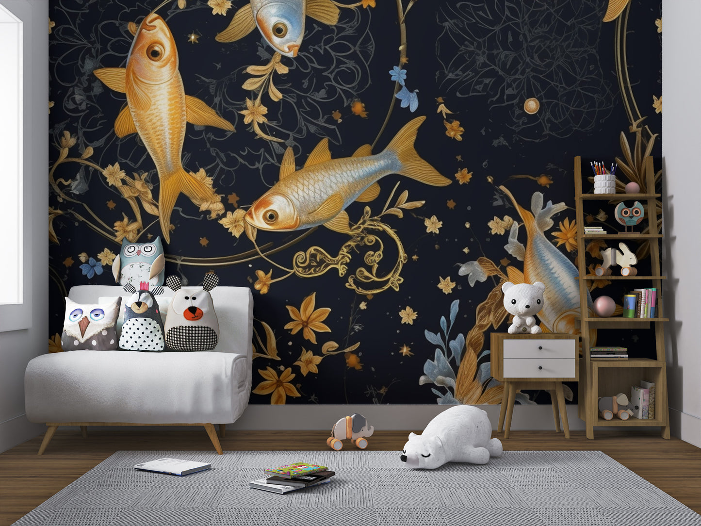 Dark floral fish pattern wallpaper with elegant motifs