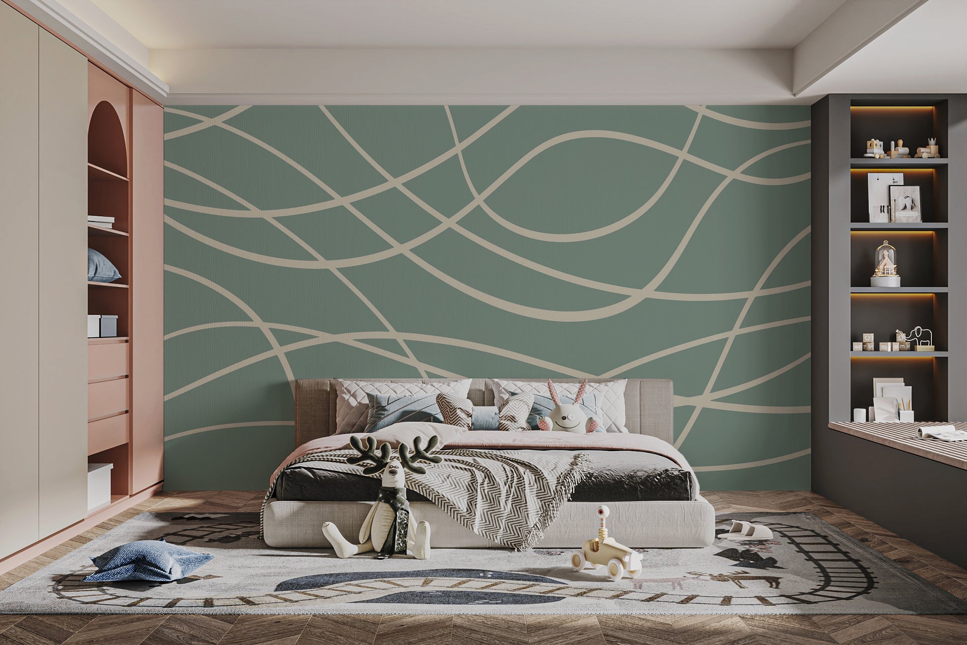 Subtle green abstract line mural for tranquil spaces
