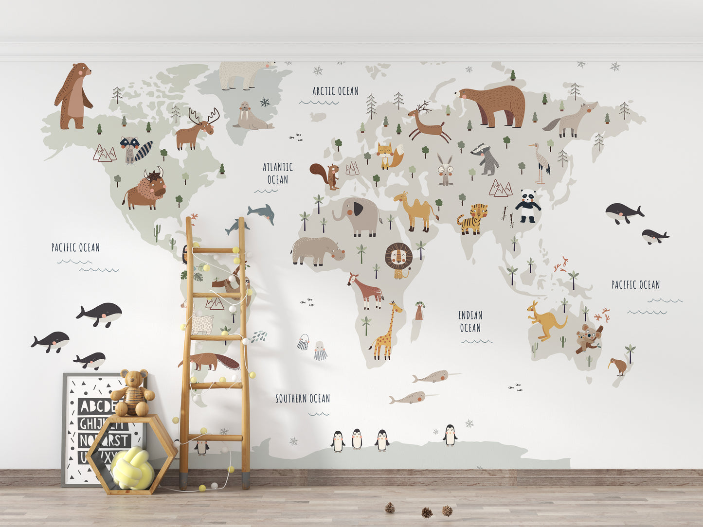 Subtle white wallpaper mural with animal illustrations
