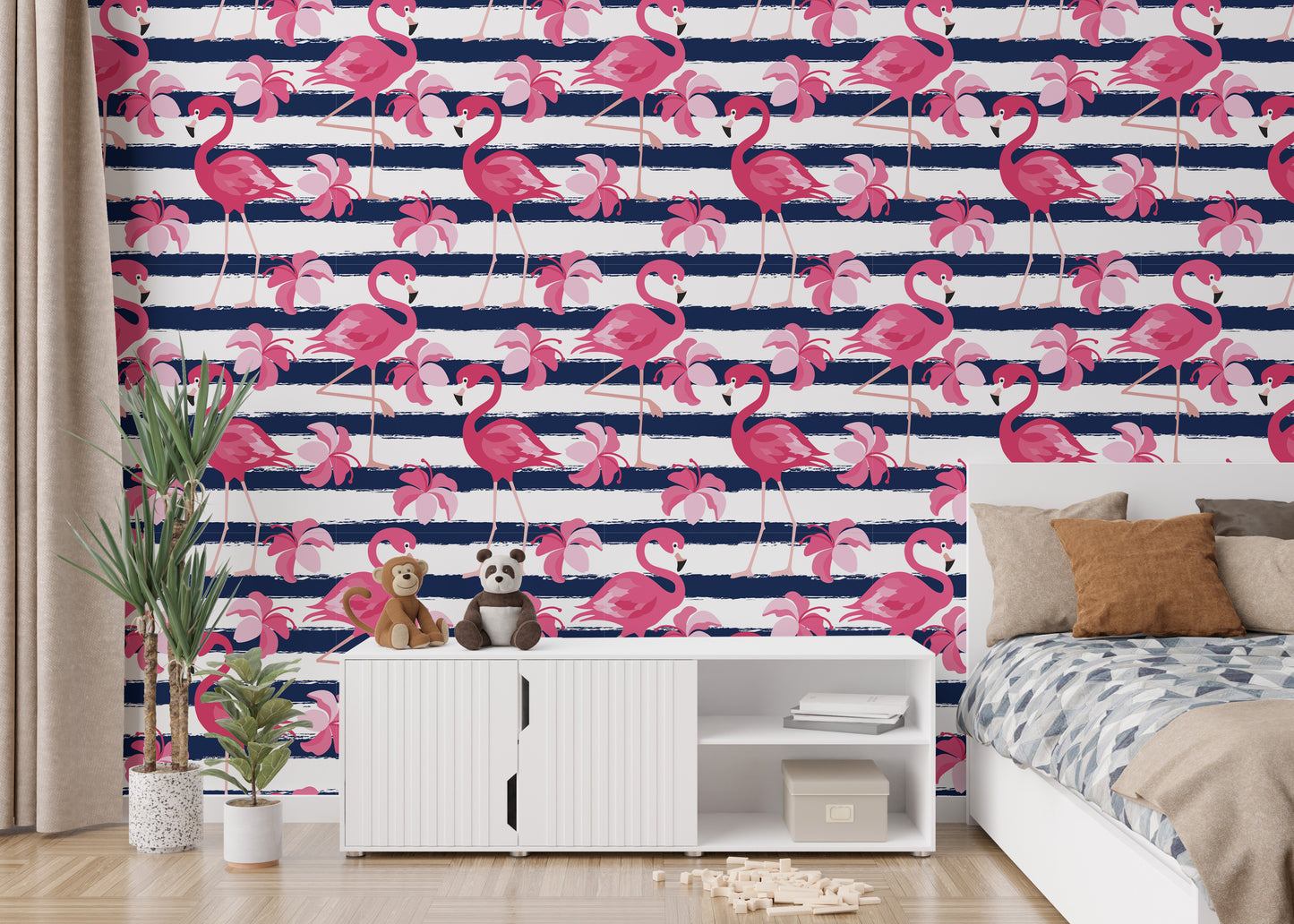 Flamingo Oasis in Blue Stripes Wallpaper