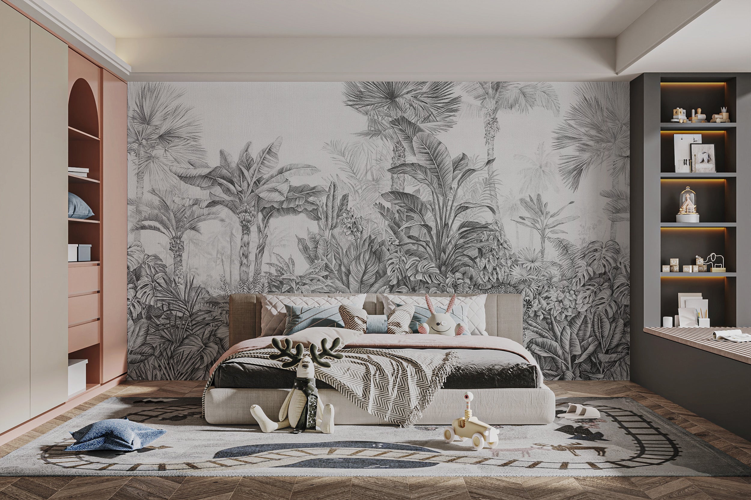 Elegant grey jungle wallpaper with leopard design
